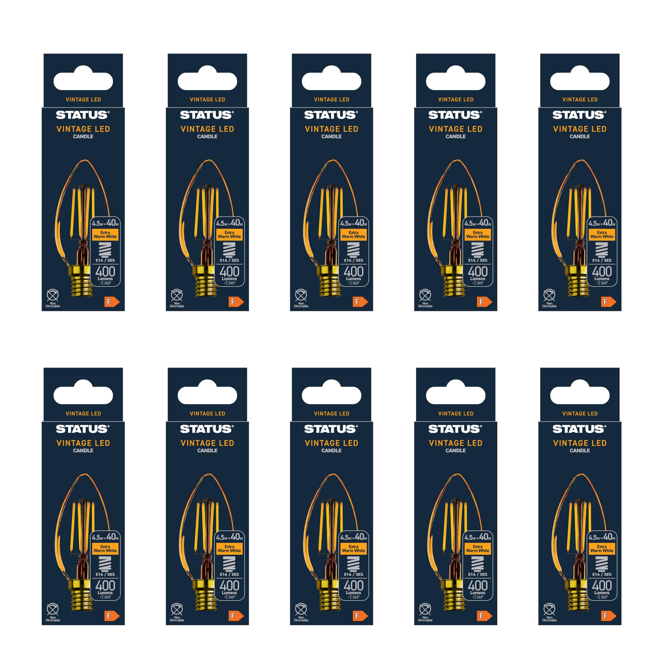 Status 4.5w = 400 lumens - Antique - C35 Candle - SES - Golden - LED Filament - 1 pk Box - in White CDU