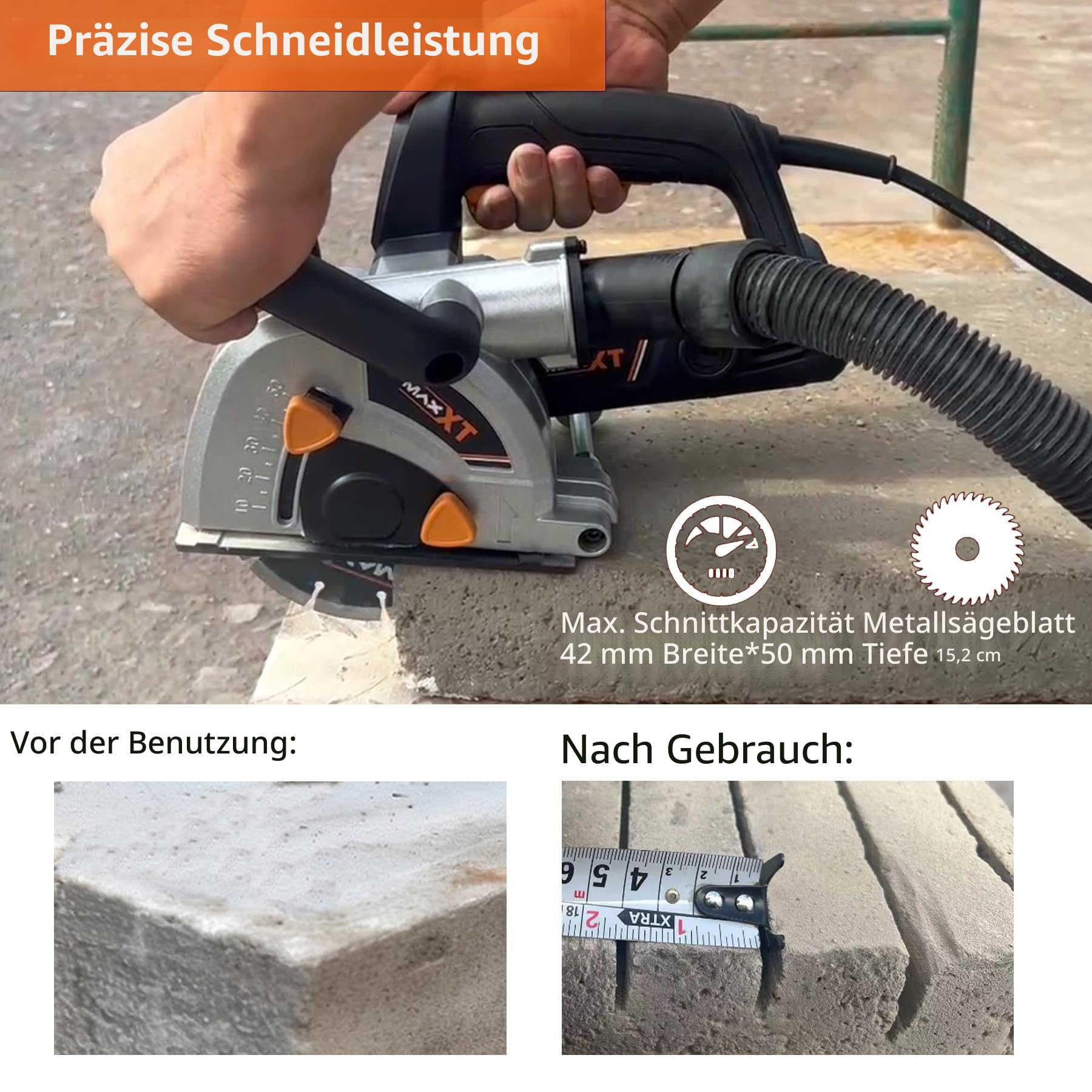 MAXXT Mauernutfräse Schlitzfräse，1700W Mauerfrase Wandfräse 7000 U/min，Schlitzmaschine für 150mm Kabelnu，max. Nutbreite 42 mm, max. Nuttiefe 50 mm,inkl. 2x Trennscheibe Ø 125 mm