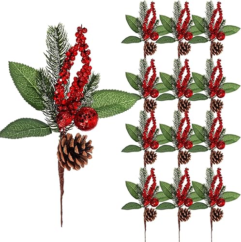 Boao 12 piezas de palas de pino nevado artificiales con bayas rojas de acebo, piñas falsas, conos de pino para manualidades, fiestas, festividades,