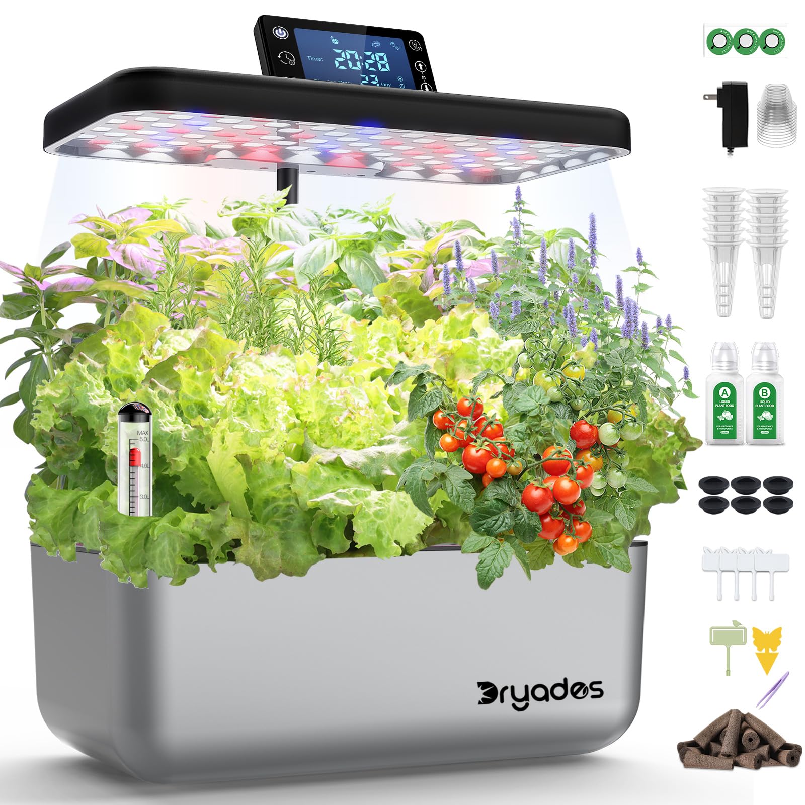 DRYADES Hydroponic Growing System Kit 12 Pods, Smart Herb Garden with 24W Full Spectrum LED Grow Light, Indoor Garden Planter for Home/Office/School (Silver)