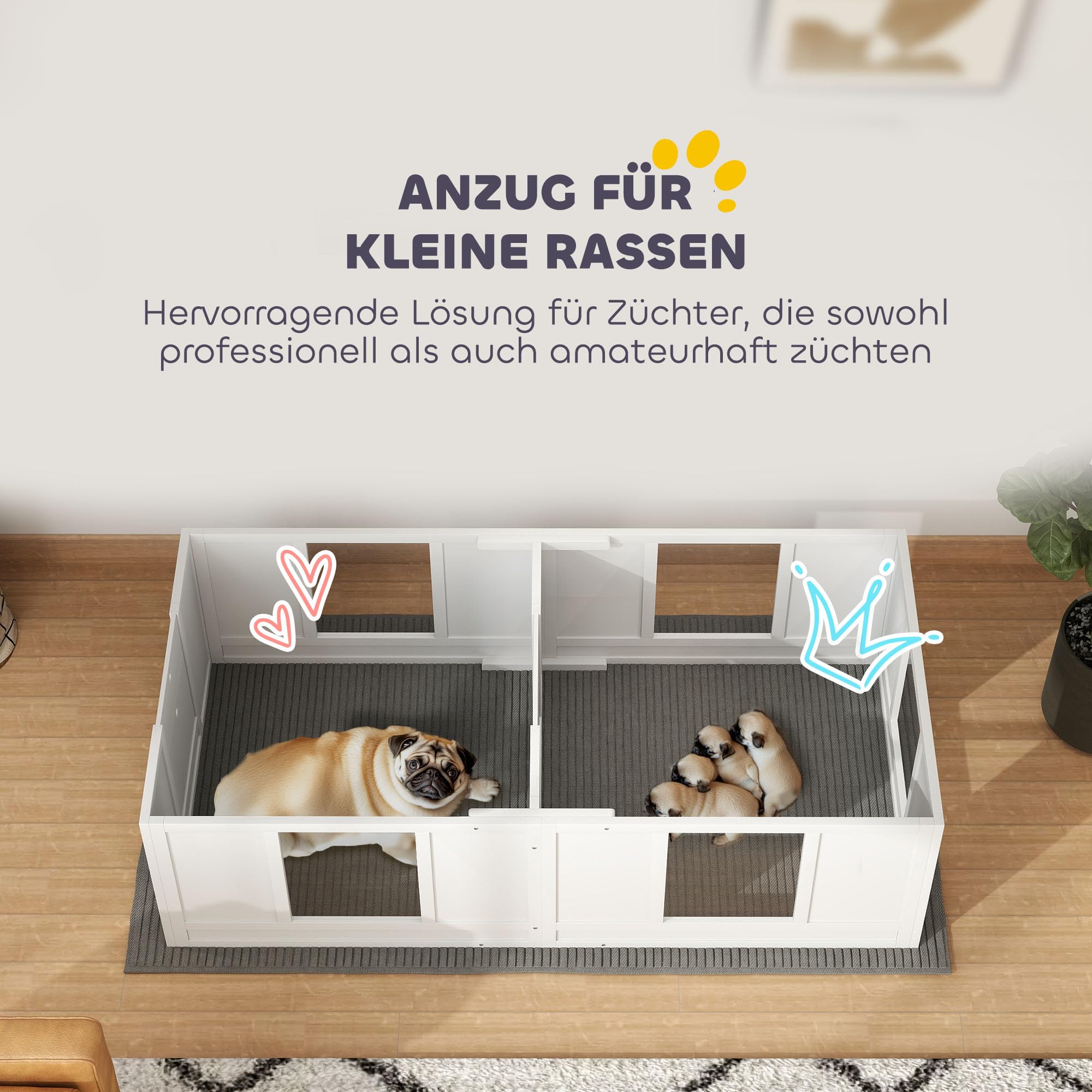 PawHut Wurfkiste für Welpen Wurfbox 2 Raum Kleine Hunde 164x80x48 cm Weiß | Welpenlaufstall, Hundelaufstall mit Tür, Welpenauslauf