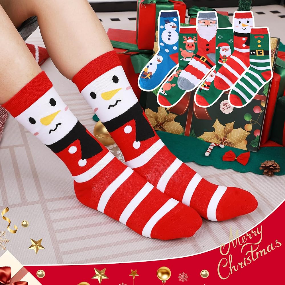 Lot De 5 Chaussettes De Noël - Motifs Festifs Mignons - Taille Unique Unisexe - Coton Doux - Pour Fêtes Et Cadeaux
