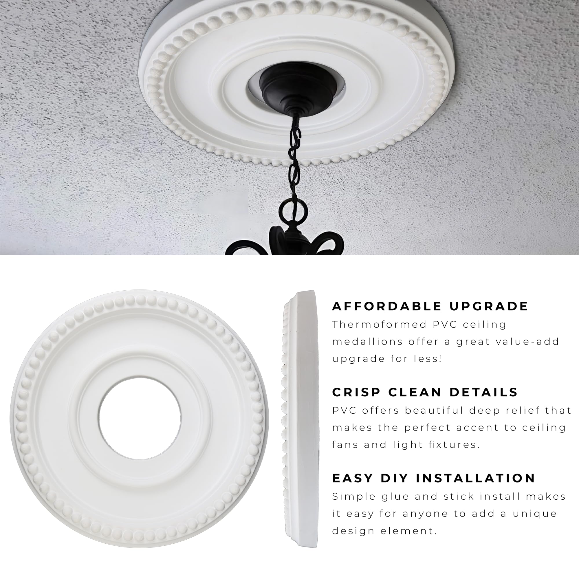 12 Inch OD x 4inch ID White Ceiling Medallion Plate – PU Plastic Decorative Cover for Fan, Light Fixtures, Chandelier Canopies – Traditional, Retro, and Minimalist Home Lighting Replacement — Amazon image 4