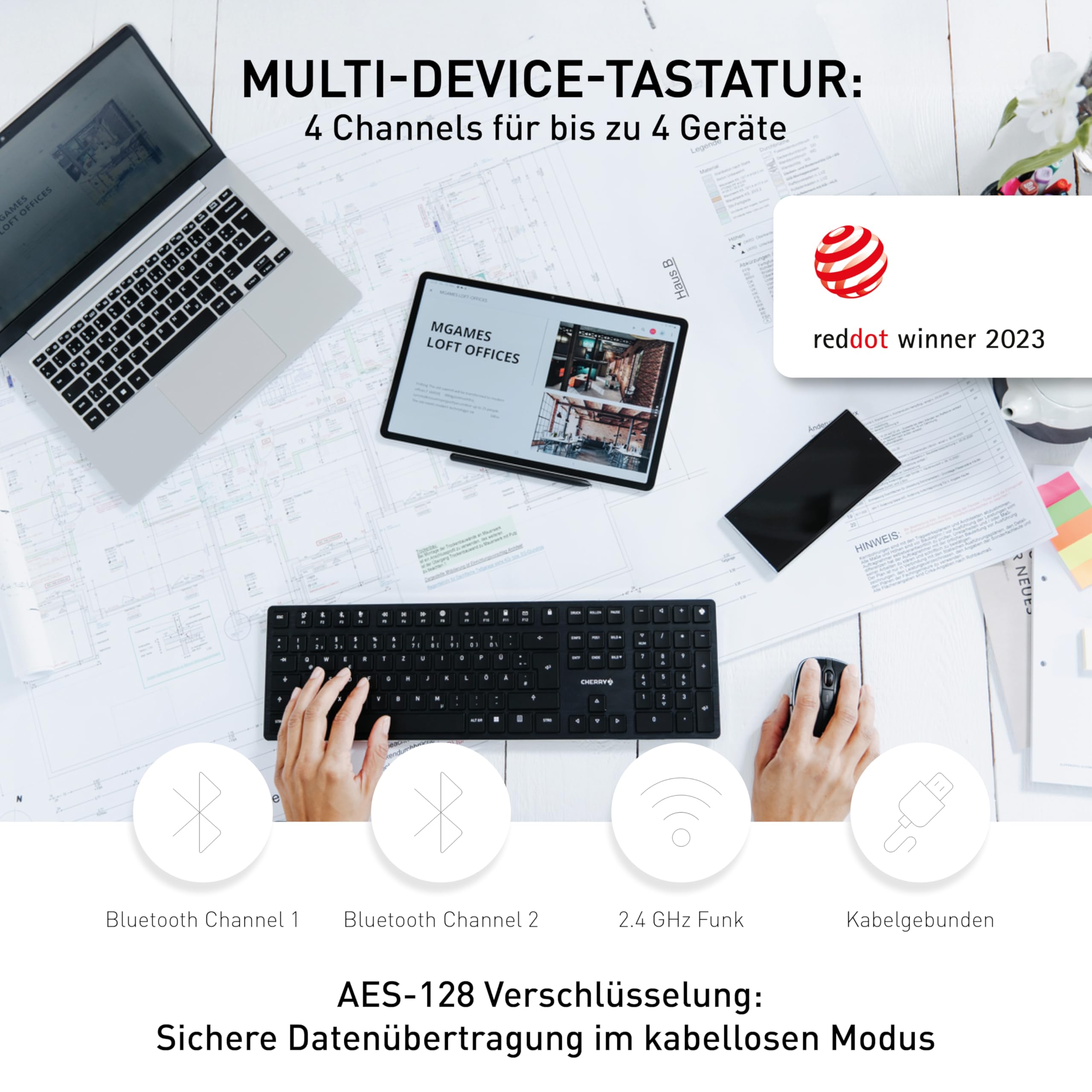 CHERRY KW X ULP, Ultra Flache Mechanische High-End-Tastatur, EU-Layout (QWERTY), Kabellose Multi-Device-Tastatur Für Bis Zu 4 Geräte, Wiederaufladbar, Schwarz