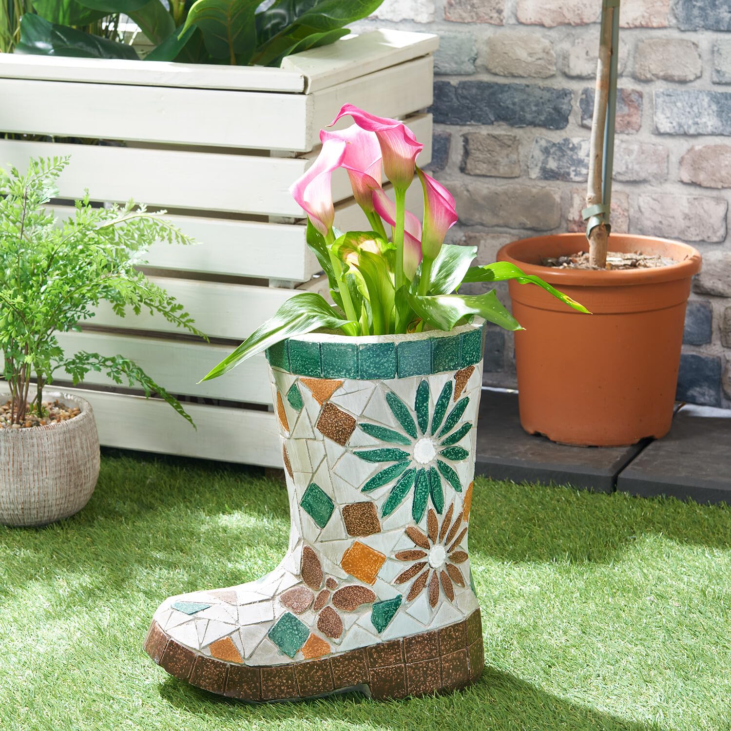 Bloomingtons Direct Green Single Mosaic Wellington Boot Shaped Indoor Plant Boot Plant Pot Indoor/Outdoor Plant Pot Herb Seedling Bulb Flower Pot Planter With Happy Easter Garden Planter Gardening Gift