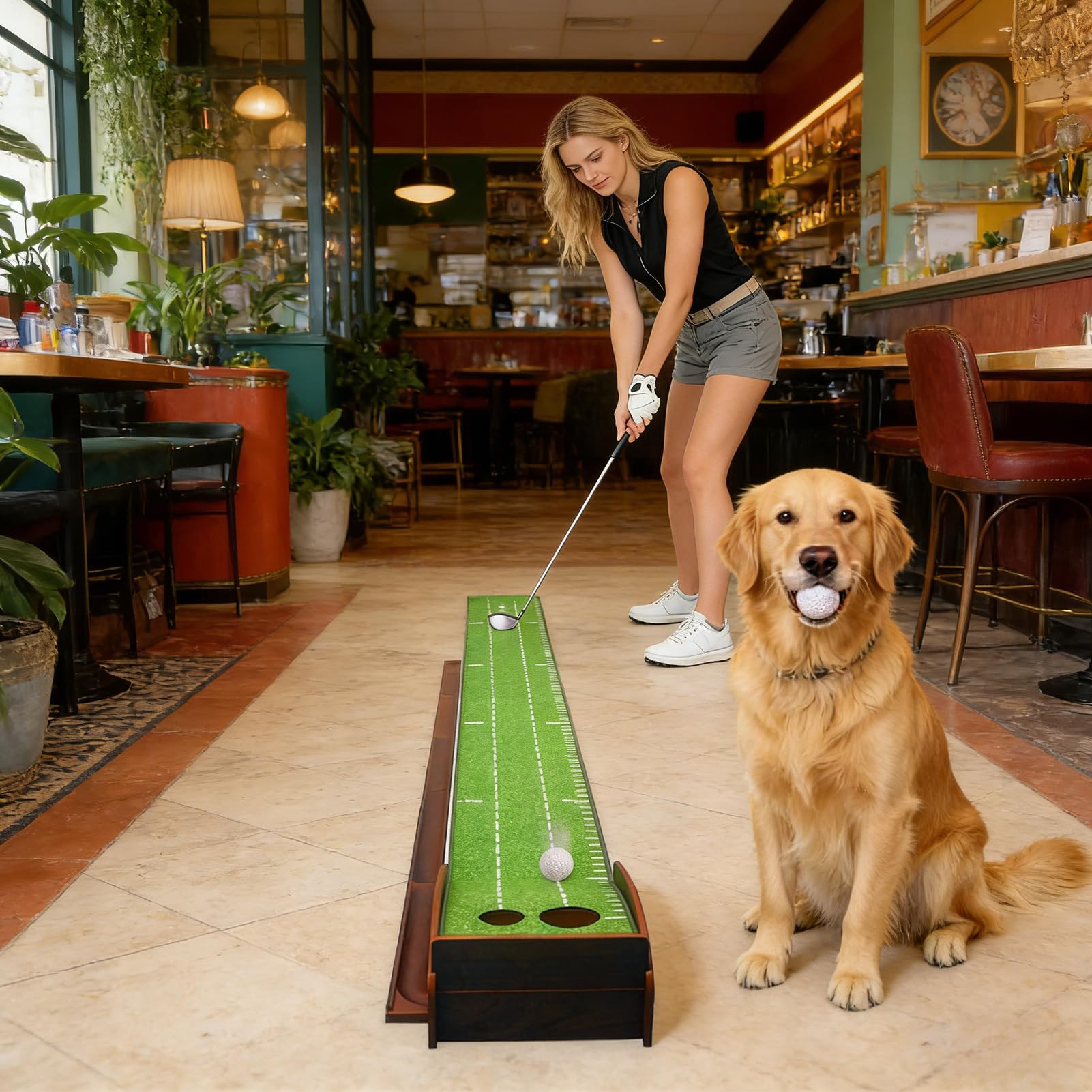Alfombra de Putting de Golf Construcción en Madera Sólida con 2 Hoyos para | Alfombrilla de Putting Plegable Para Hombres Y Mujeres Adultos, Exterior Y