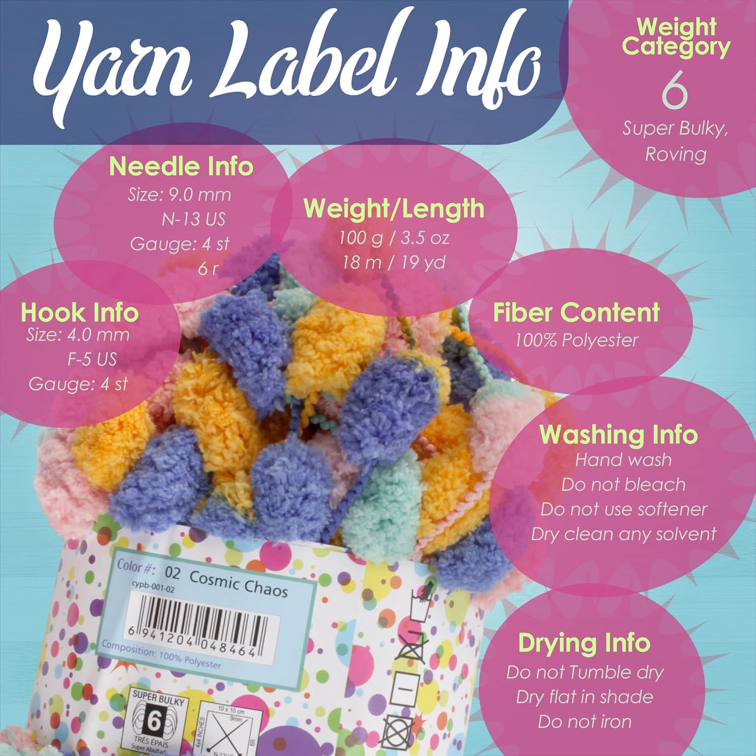 JubileeYarn Pom Bomb Yarn - 100g/Skein Super Bulky Polyester - Galactic Thunder - 4 Skeins