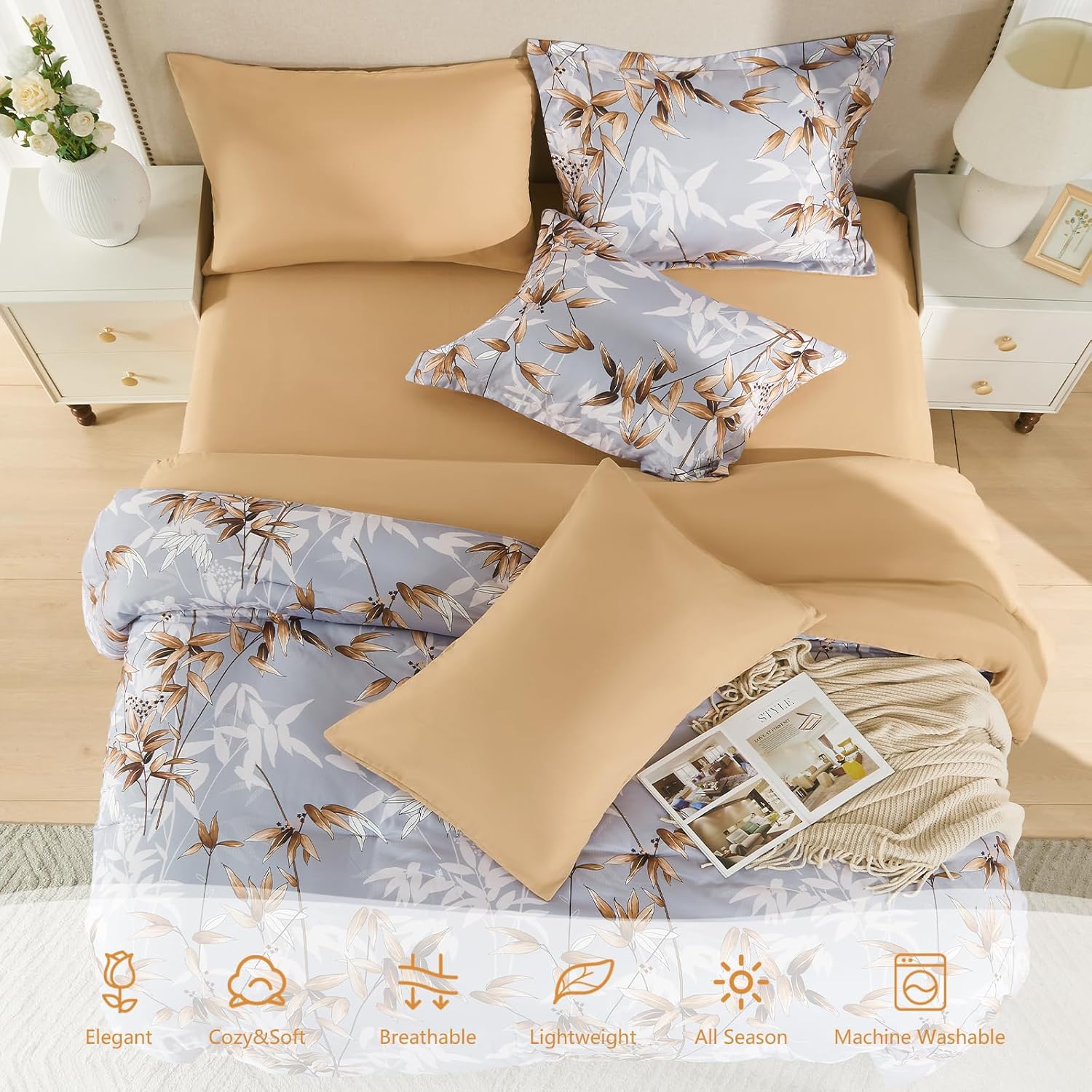 Queen Comforter Set Khaki - 7 Pieces Bed in a Bag Botanical Leaf Design Bedding Set, Soft Lightweight Microfiber Bed Set with Comforter and Sheets for All Season (Khaki,Queen)