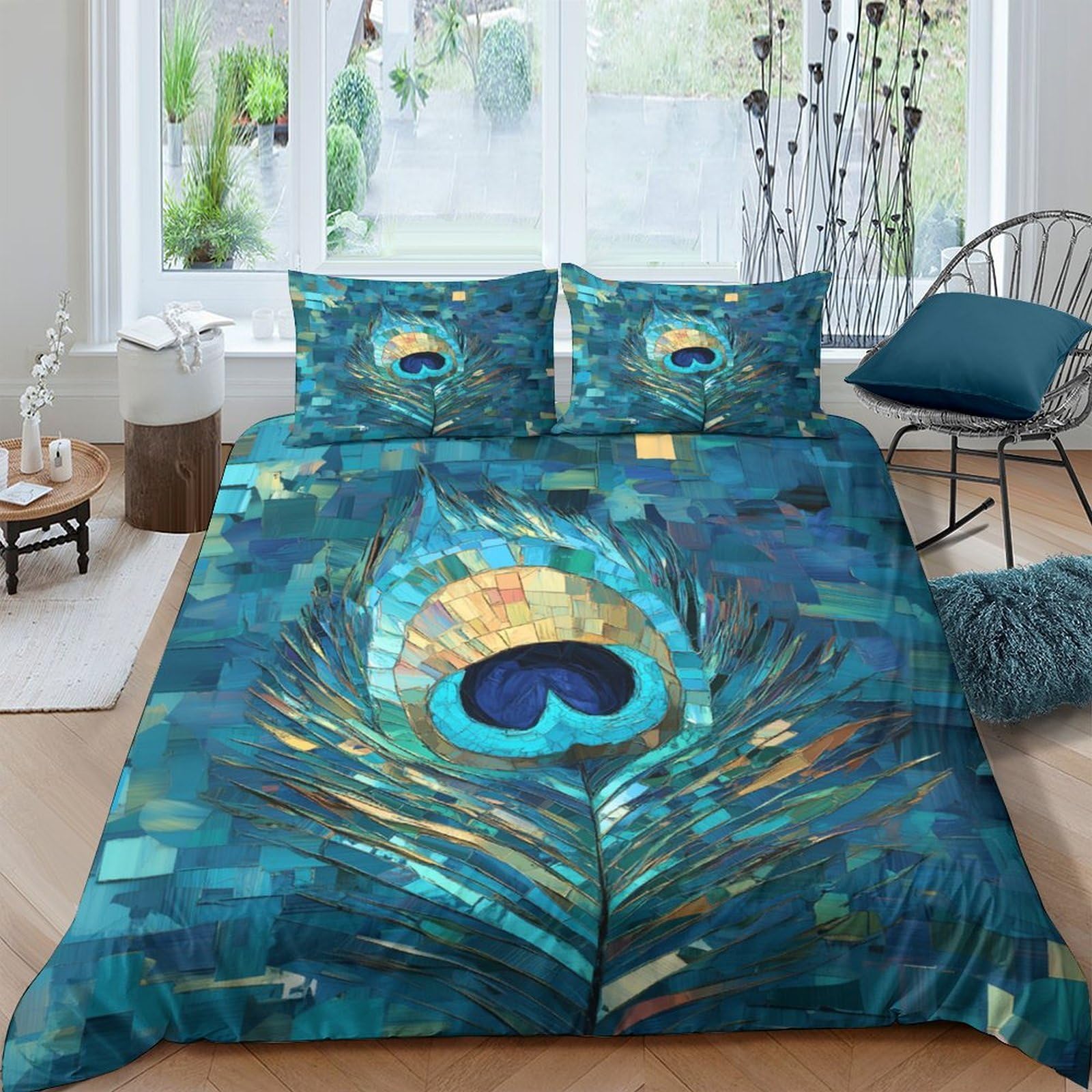 Ctjqhvkz Style-3 3D Printed Peacock Feather Fitted Sheet Microfiber Blue Artistic Bed Sheet For Bedroom Guest Room Mattress Decor Single（135X200cm）
