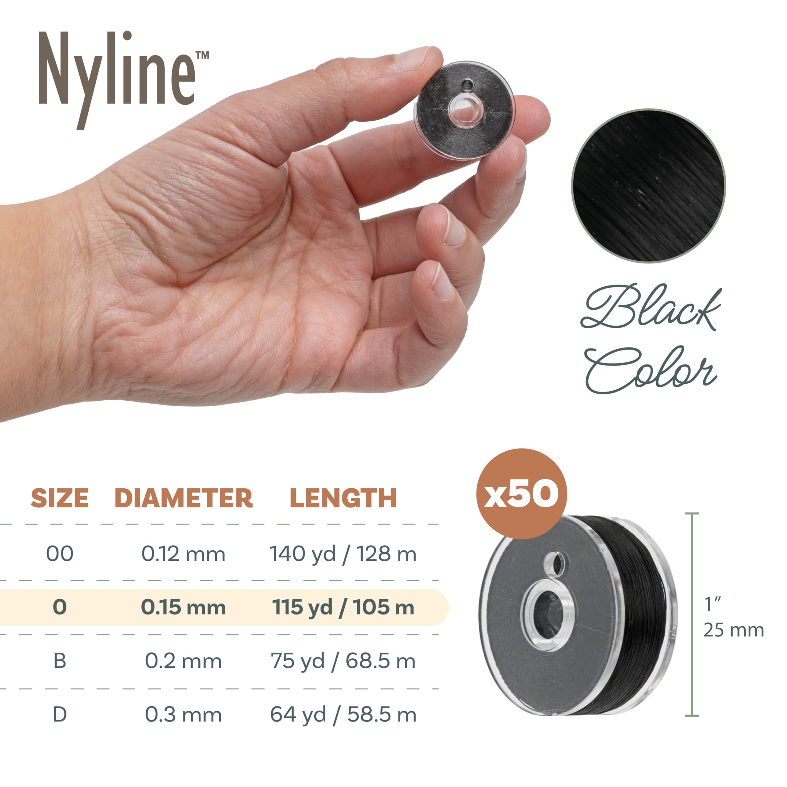 The Beadsmith Nylon Beading Thread - Rozmiar 0 (0,15 mm), czarny, 50 szpul, 115 jardów (105 m) każda, mocna nić do tkania koralikami, tworzenia biżuterii na krośnie koralikowym i poza krosnem