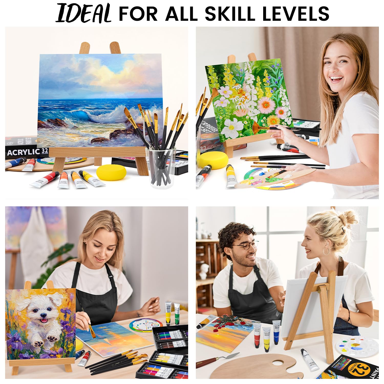 ARTALLY Juego de pintura acrílica para adultos y niños, 62 piezas, kits de pintura en lienzo, pintura acrílica de 32 colores (22 ml), caballete de mesa, pinceles, lienzo, kit de suministros de pintura