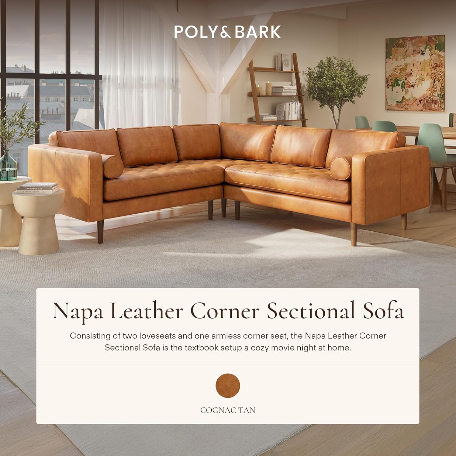 Poly & BARK Napa 98" Leather Corner Sectional Sofa - Cognac Tan