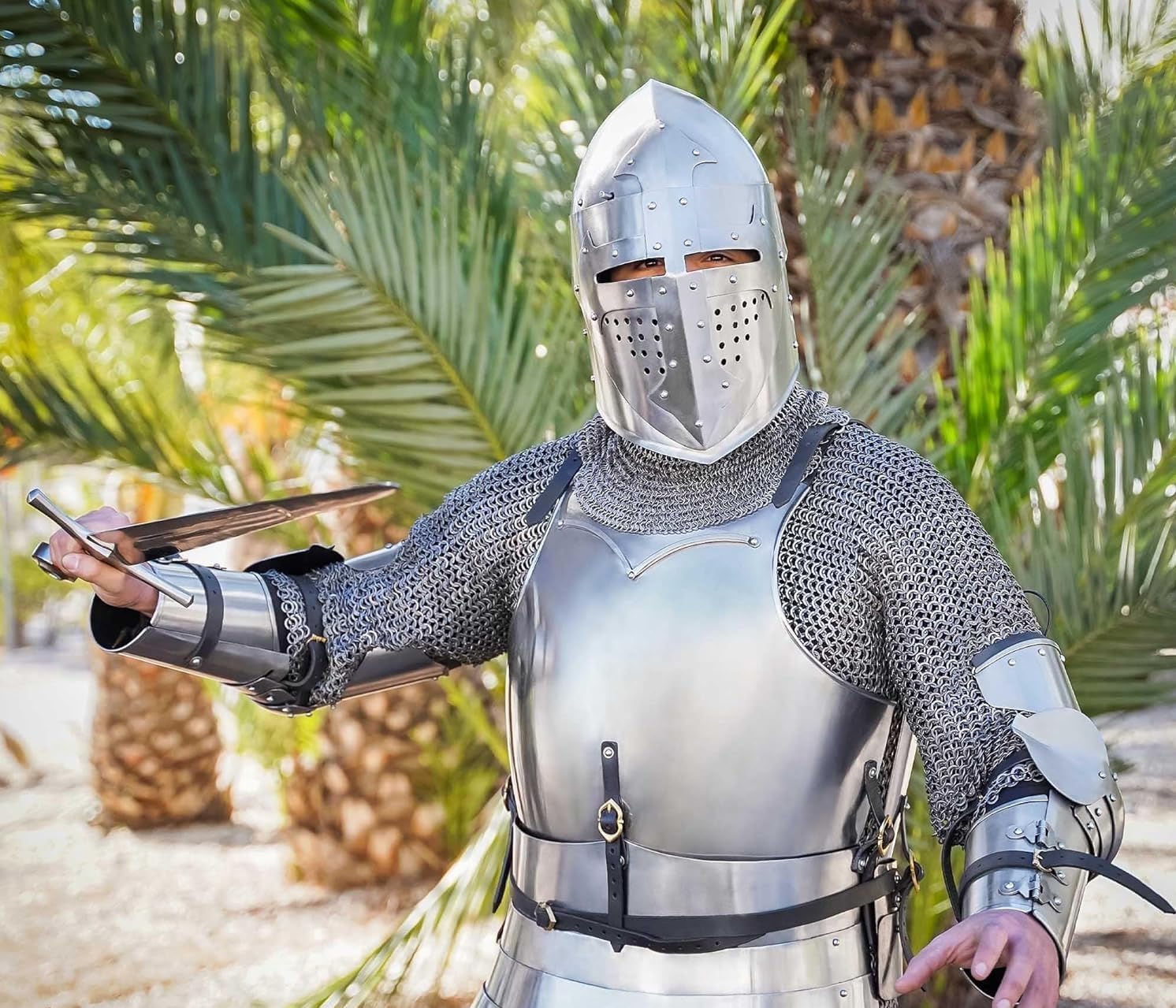 Lord of Battles Medieval Bascinet Helmet, 16 Gauge Steel, Silver, Hinged Visor, LARP Costume, Adult Size