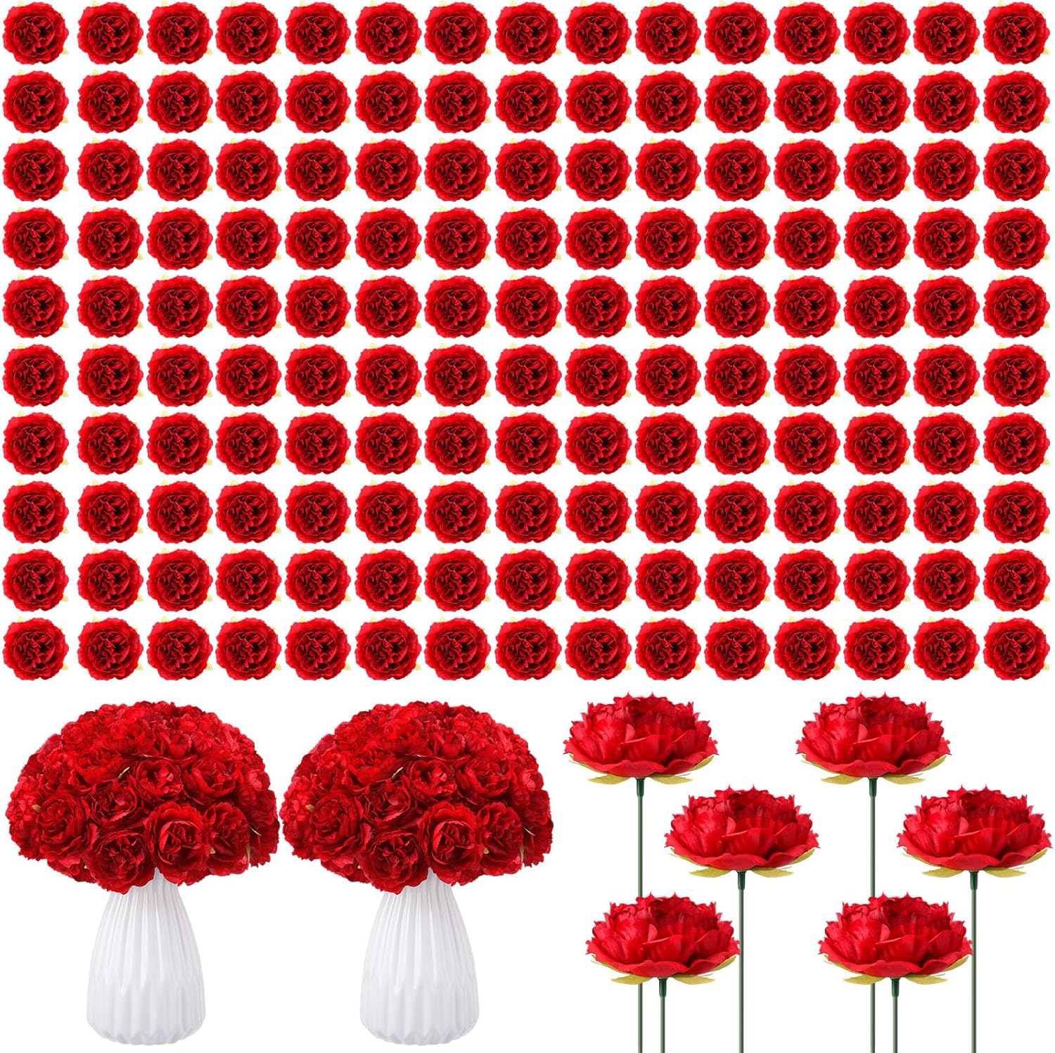 400 Pcs Flowers Long Stem Artificial Rose Bulk, 3.2 Inches Silk Rose Head Flowers Fake for Wedding Bridal Bouquet Independence Day Home Floral DIY Centerpieces Party Decoration (Red)