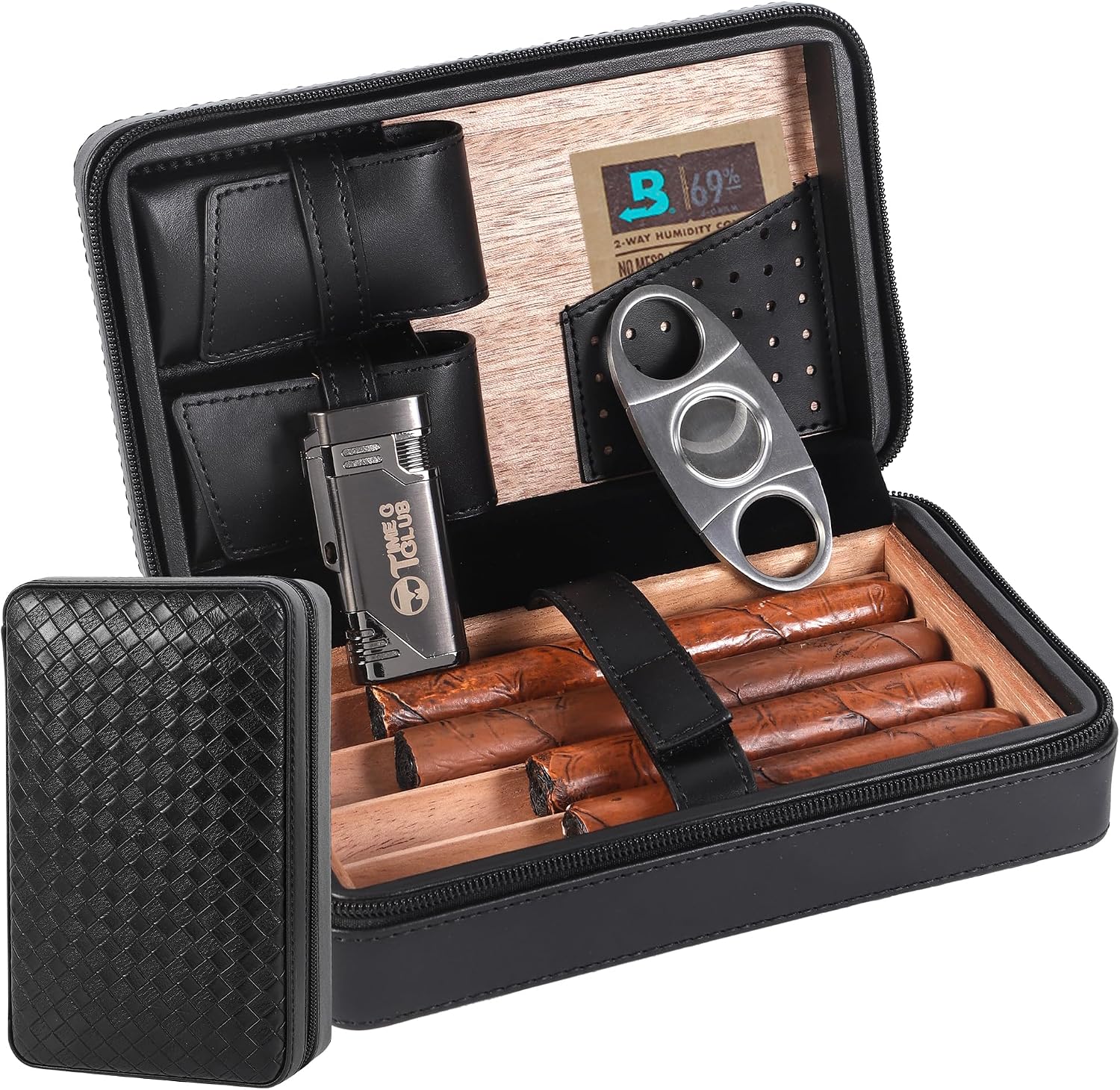 Portable Black Weave Texture Travel Leather Cigar Case, Cigar Cutter, Cigar Humidor with and Humidifier, Groomsmen Gift, Birthday Gift (Brown)