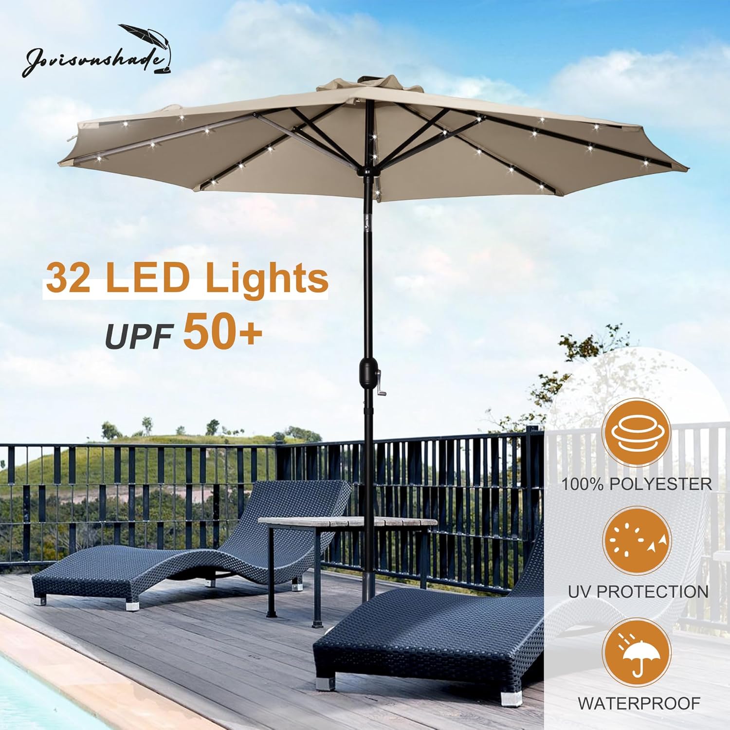 9FT LED Patio Umbrella, Solar Outdoor Umbrellas with LED Lights, Deck Umbrella with Push Button Tilt and Crank, UV Protection Waterproof for Pool, Porch, Garden, Deck, Backyard. (TAN)
