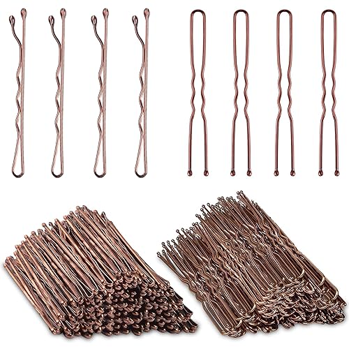 AITRAI - 200 horquillas marrones, 100 horquillas marrones y 100 horquillas en forma de U para moño con caja, 2.4 pulgadas