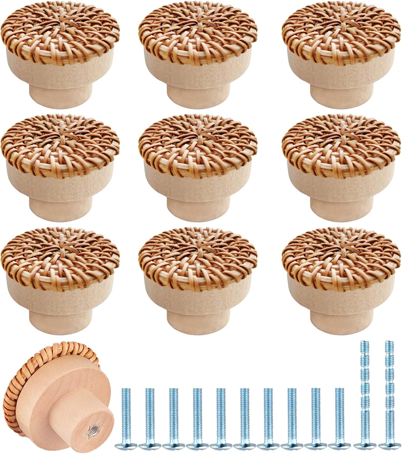 10pcs Boho Rattan Dresser Knobs, Round Wooden Drawer Knobs Pulls for Boho Furniture, Handmade Wicker Woven Cabinet Knobs Dresser Handles Drawer Hardware Pulls (10 Knobs and 10 Screws)