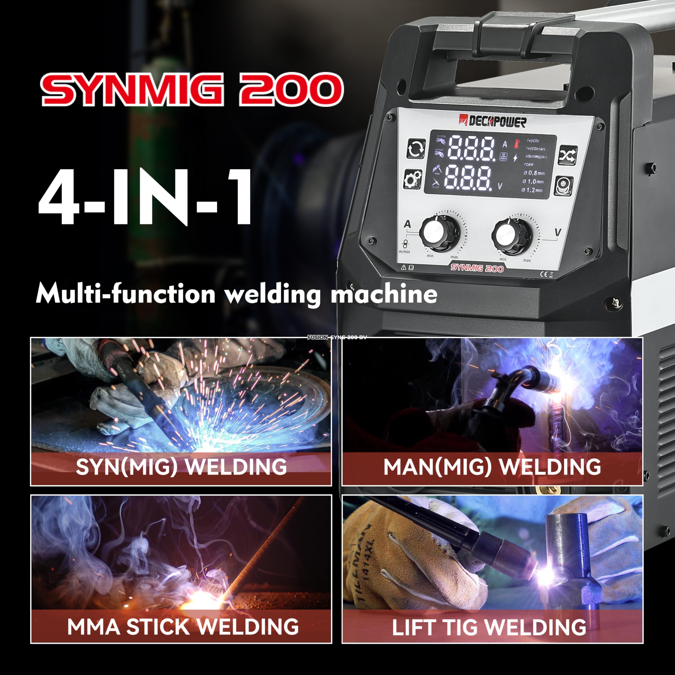 Decapower SYNMIG 200A Poste a Souder MIG avec san gaz Synergie MMA MIG MAG FLUX LIFT TIG 4 en 1 Équipement de soudage (PACK3)