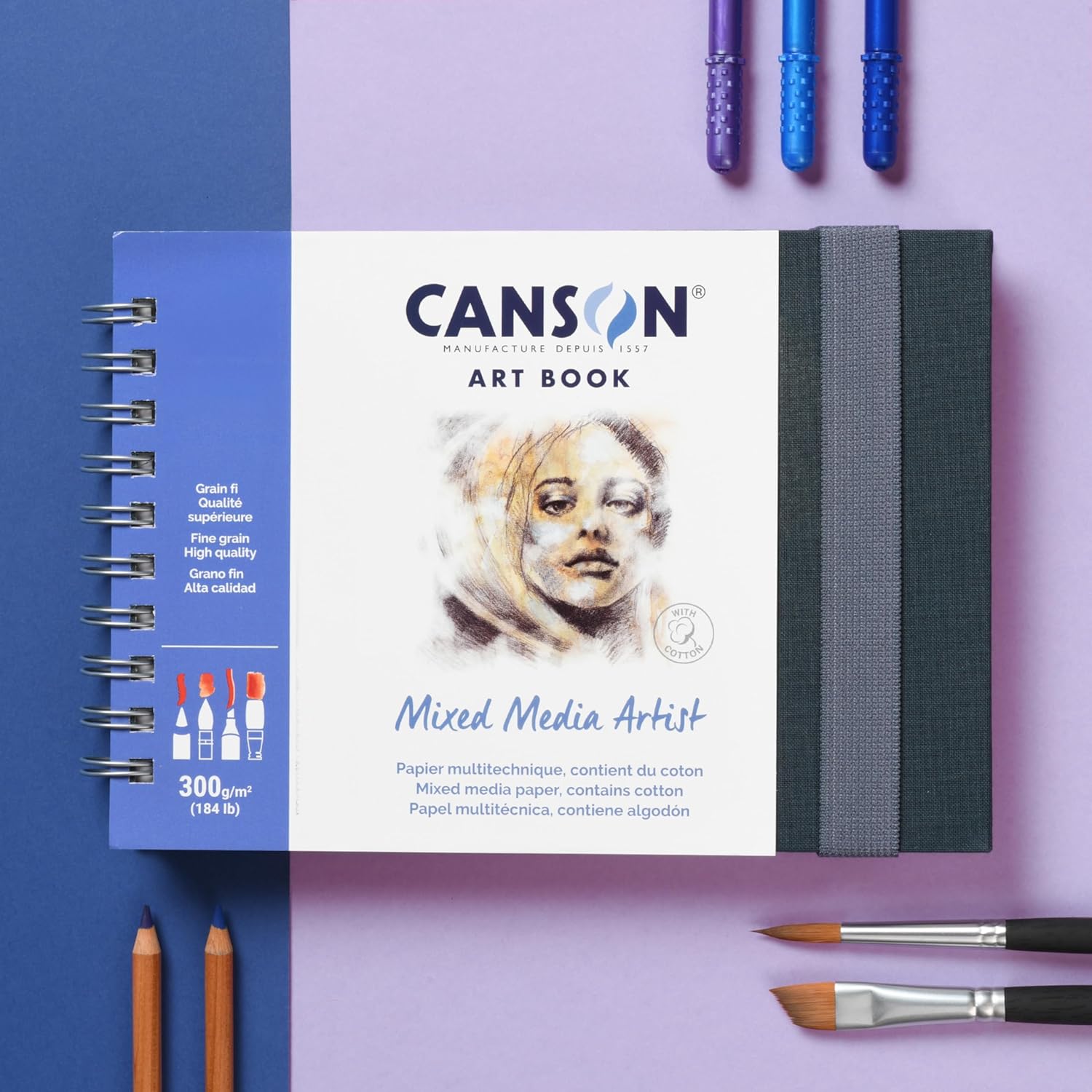 Canson Mixed Media Art Book, 8.3x11.7 inches, 56 Sheets, Blue Cloth Hardcover, Side Wire - Professional Artist Notebook for Painting, Sketching, Drawing