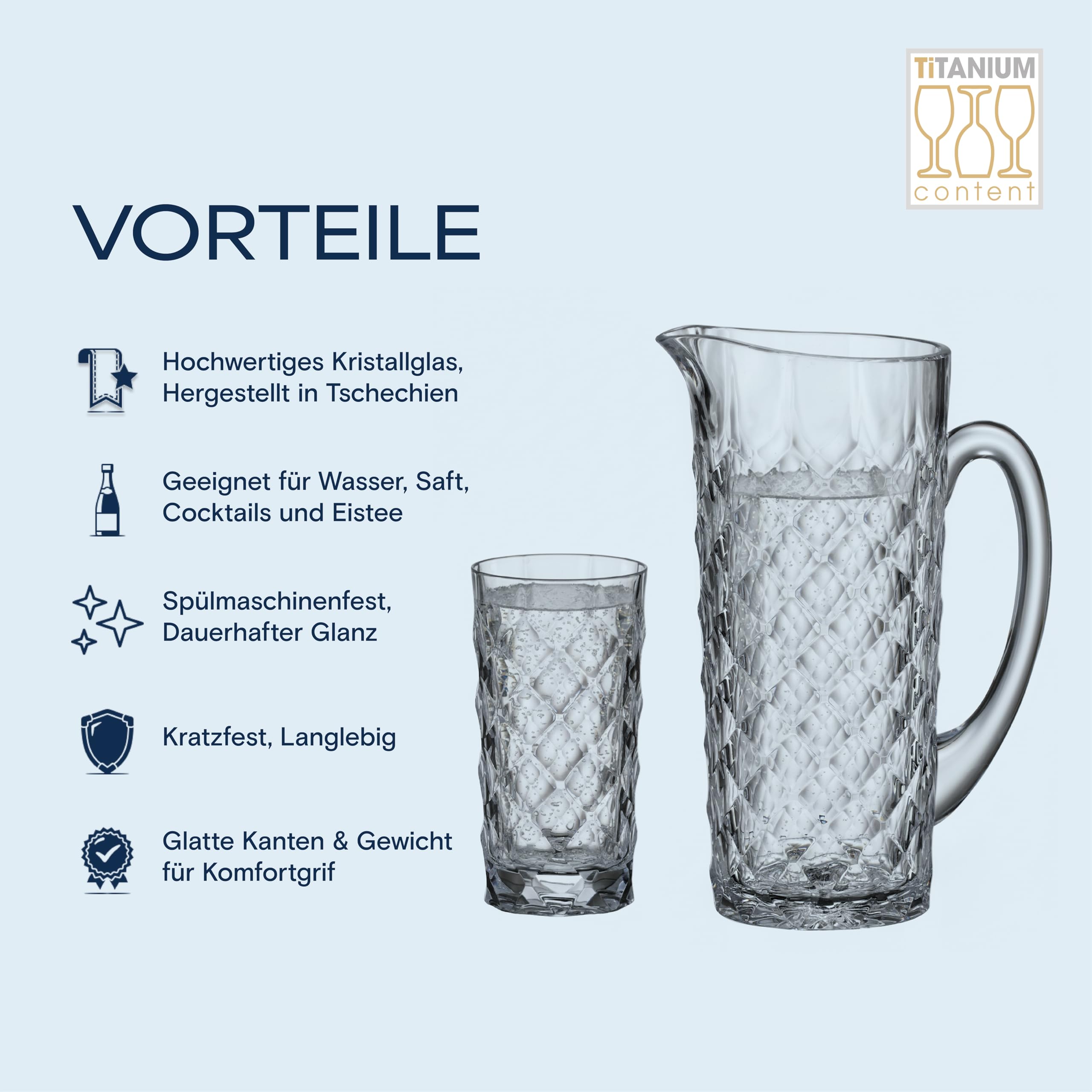 Crystal Bohemia Krug und Trinkgläser - Spülmaschinenfester Krug und 6 kratzfeste Trinkgläser (je 330 ml) aus Kristallglas - Für den täglichen Gebrauch, Familien, Restaurants und Partys