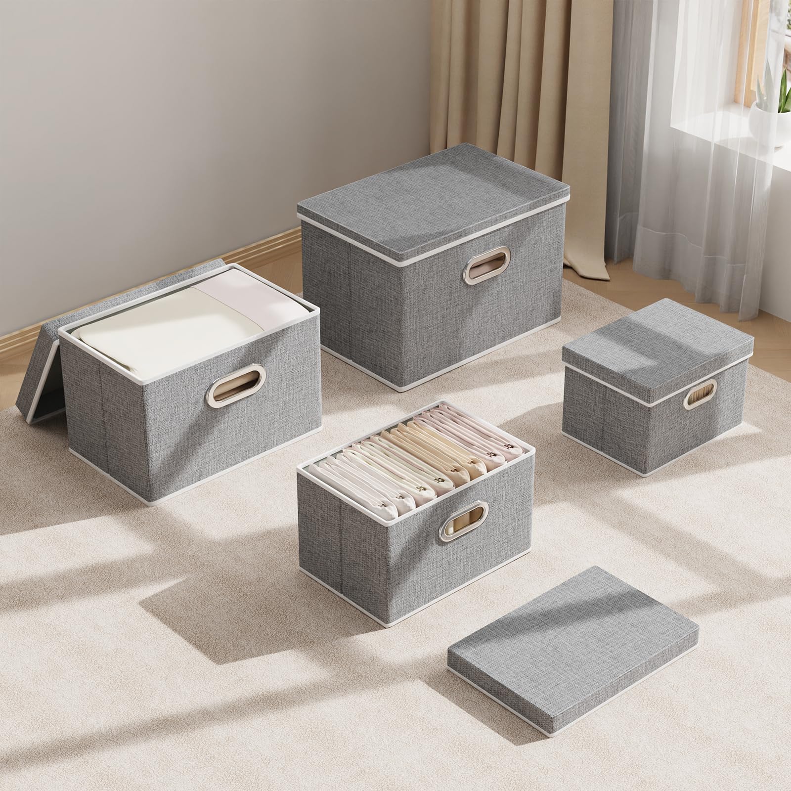 Yawinhe 3 Pack Cajas de Almacenaje con Tapa,Gris Cajas de Tela,38x25x25cm | Cajas de Almacenamiento Plegables;Contenedores Organizadoras de Tejidos con Asas,Lavable Contenedores Plegables