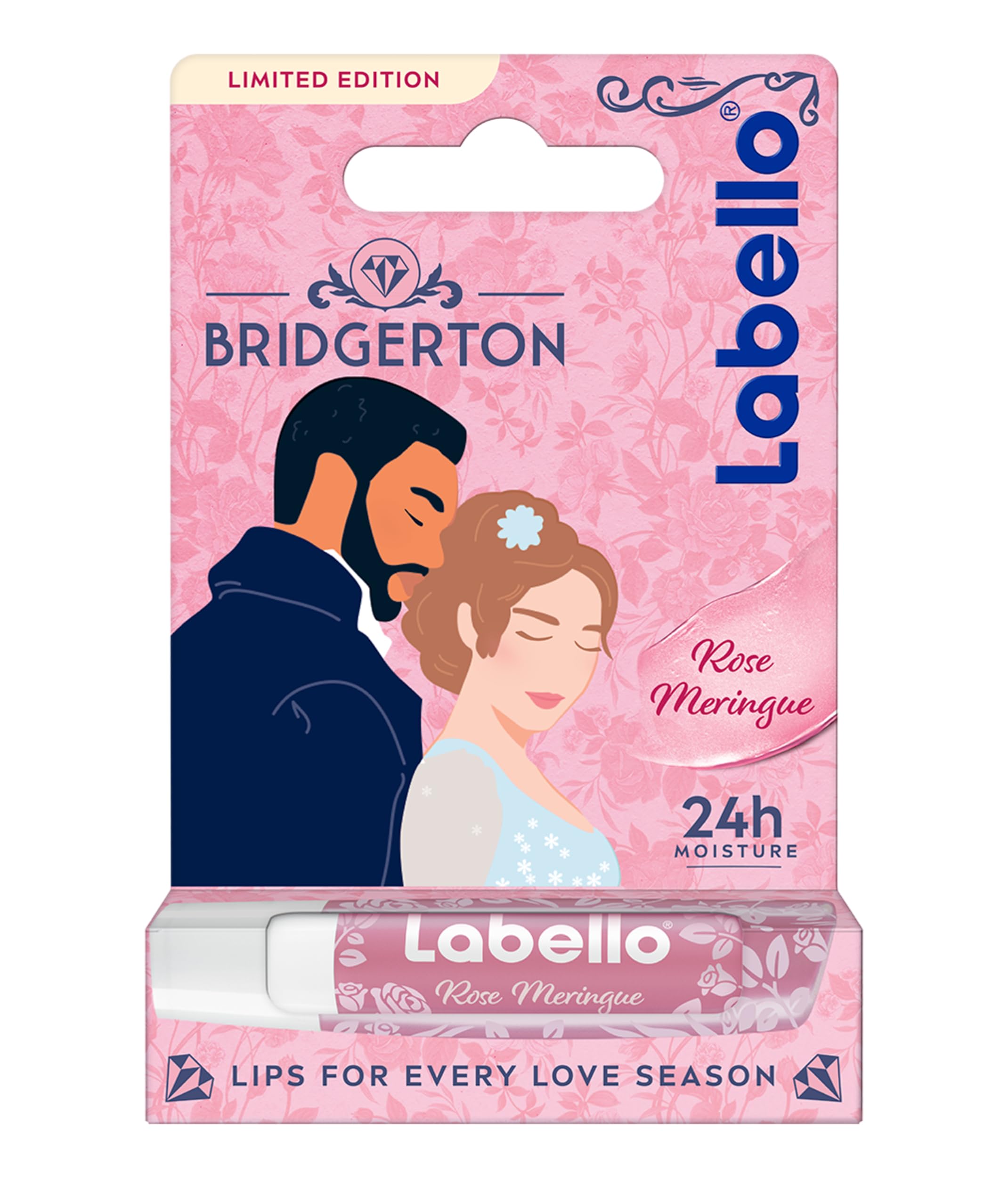 Labello Bridgerton Limited Edition Rose Meringue 4.8g, Limited Edition Romantic Design Colorful Lip Balm, 24h Moisturizing Lip Balm with Rose Aroma and Pearl Touch