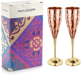 Avador Set of 2 Shatterproof 100% Handcrafted Copper Champagne Flutes Hammered Finish 16 Oz. Gift Set