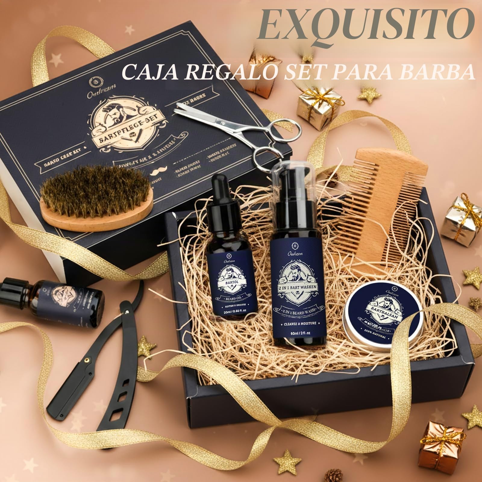 Kit de aseo de barba Oukzon para hombres, set de cuidado de barba 11 en 1 con lavado y acondicionador de barba 60ML, 3 aceites de barba, bálsamo de barba, cepillo de barba, navaja recta, regalos de
