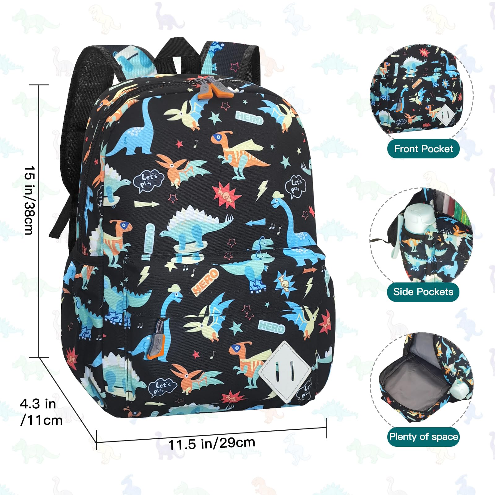 VGJ Kids Backpack for Girls Boys - 15 Inch Dinosaur Childrens Backpack Cute School Bag Kindergarten Backpack for Ages 3-8, Black