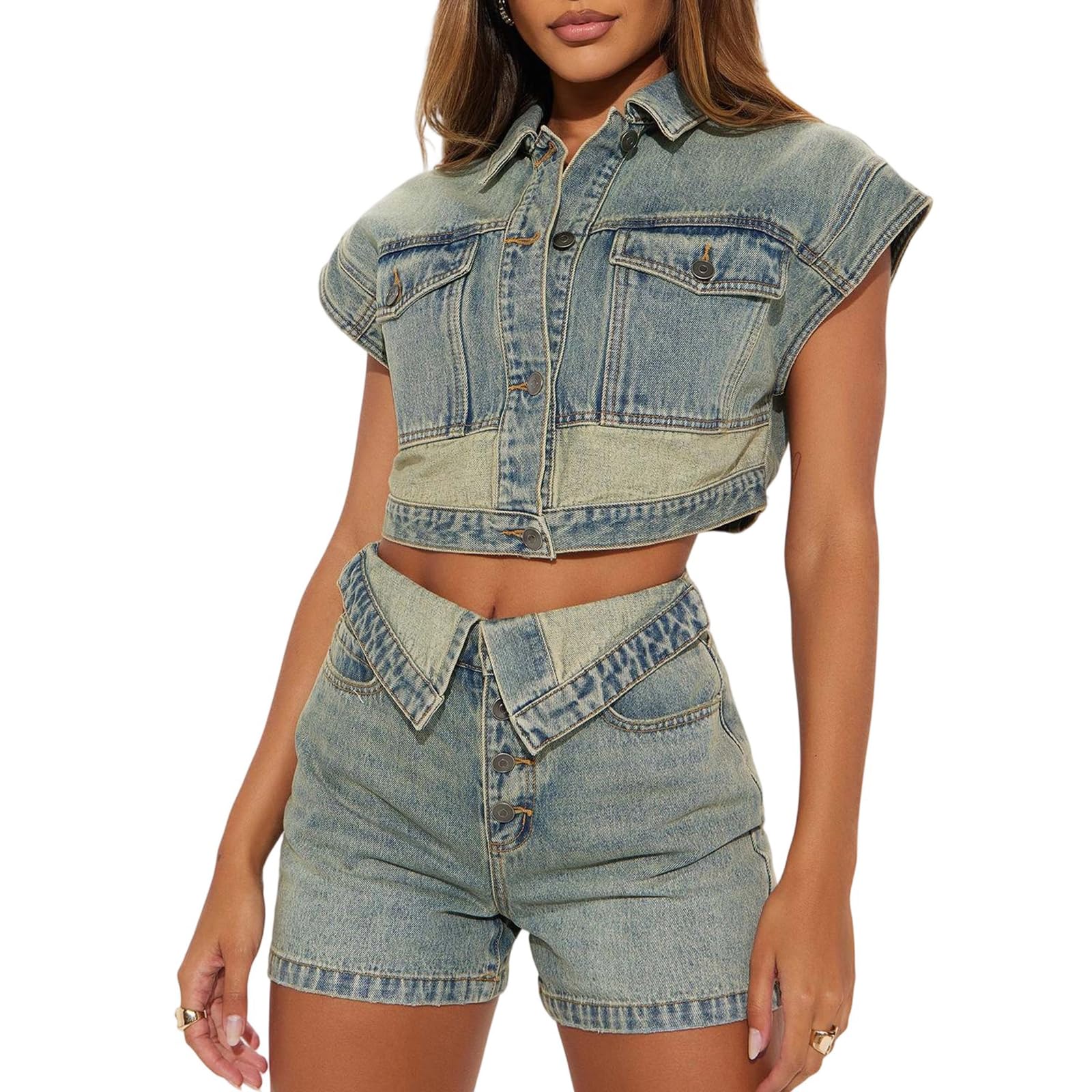 Ensembles courts en denim Femmes 2 pièces sans manches boutonné crop top et jeans shorts tenues de vacances d'été