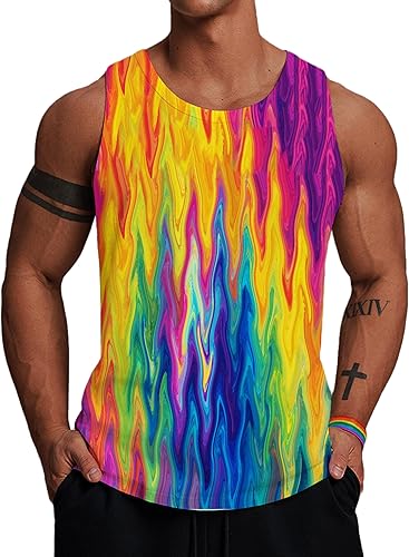 Wuiliy 3D Tank Tops for Men Colorful Sleeveless Print T Shirt Rainbow Beach Gym 