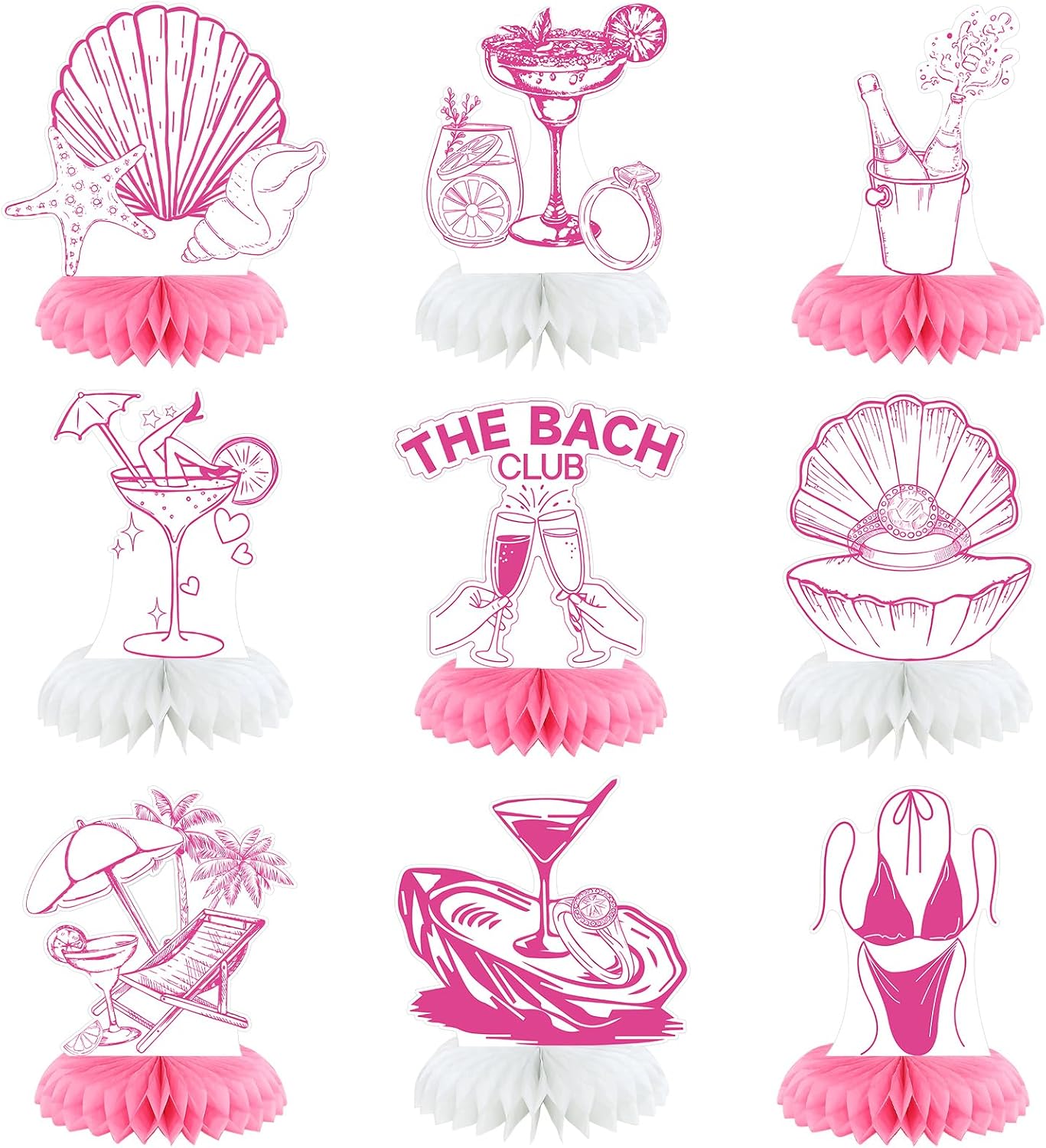 9 Pcs Last Toast on The Coast Bachelorette Decorations The Bach Club Honeycomb Centerpieces Seashells Pink Table Honeycomb for Beach Bachelorette Party Decorations Bridal Shower Wedding Favor