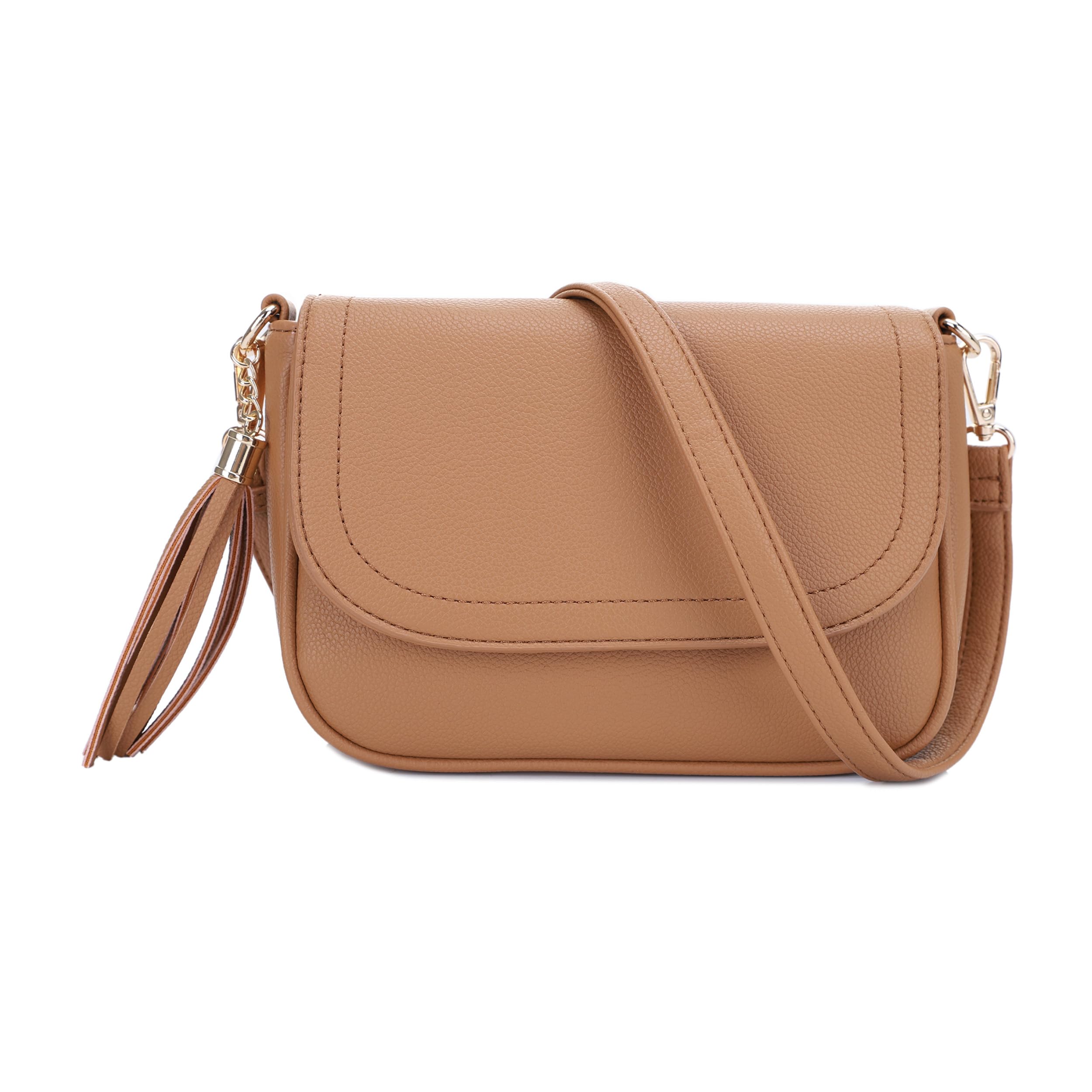 EVVE Bolso bandolera pequeño para mujer, con solapa, con borlas, de piel vegana, bolso de hombro