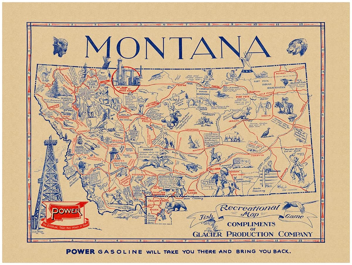 Montana Fish & Game Map Showing Various Indian Reservations, Rodeos, Cities, Towns, National Parks, Fishing Holes, Hunting Areas, etc. by Power Gasoline circa 1941 (Artist Paper, 12 x 16 inches)