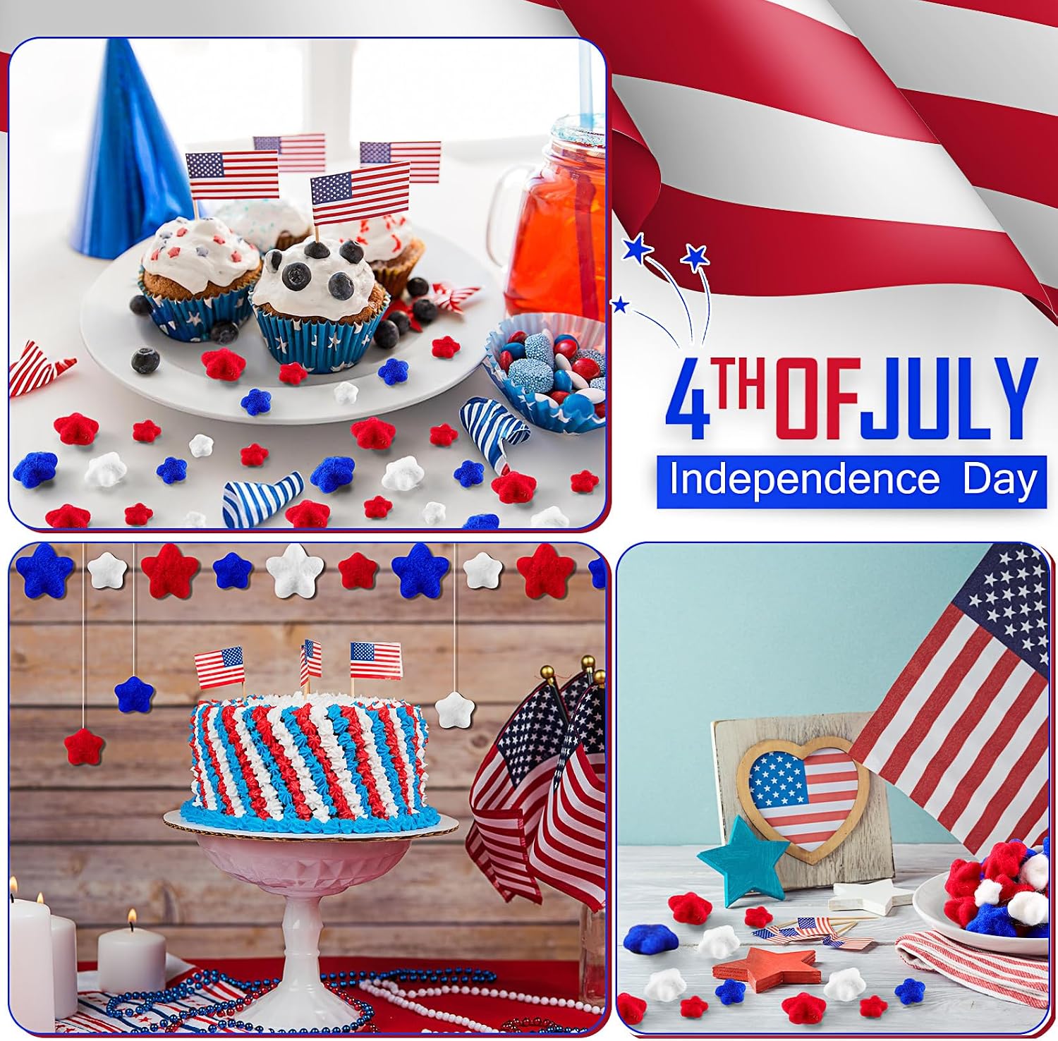 Hahafelt 36 Pcs 4th of July Red White and Blue Decorations, Felt Patriotic Star Ornaments 4th of July Independence Day Home Decor Red Blue White Stars for Vase Bowl Filler Craft Table (1.2'', 1.6'')