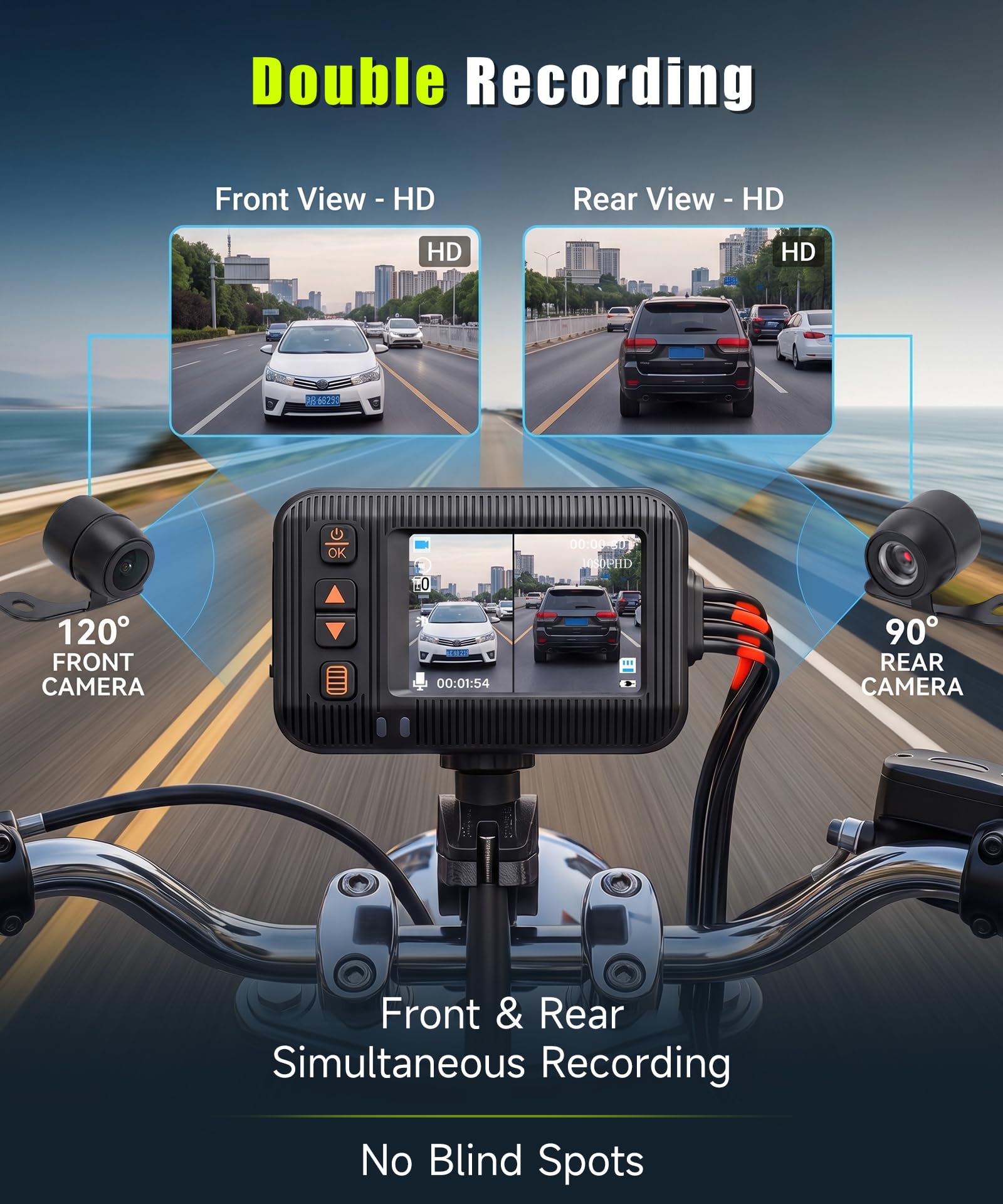 Rimoody Dashcam per Moto 1080P con Due Telecamere, 2" Schermo, Telecamera a Doppia Lente Anteriore e Posteriore, IP67 Impermeabile, Visione Notturna, G-Sensor, Loop Video, Monitoraggio di Parcheggio