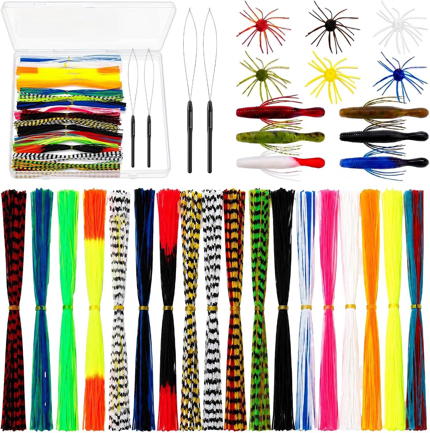 Thiccywoov 18 Silicone Skirt Legs Material for Fly Tying, 2 Pack Skirt Threader Tools, Pre-Sorted Rubber Jig Skirts in Easy-use Bundles for Jig Spinnerbait Fishing Lures Fuzzy Dice Style Bass Baits
