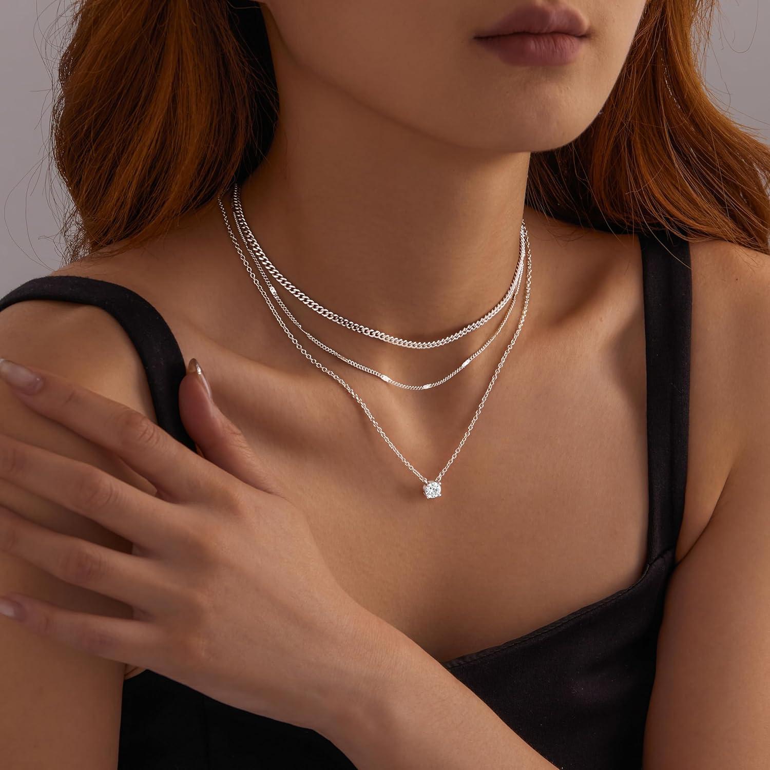 WomenGifts Layered Gold Necklaces for Women, 14K Gold Sterling Silver Plated Dainty Pendant Necklace Set with Cubic Zirconia Circle, Chunky Stackable Cuban Chain Choker, Trendy Personalized Birthstone Jewelry Gift Non Tarnish - Image 4