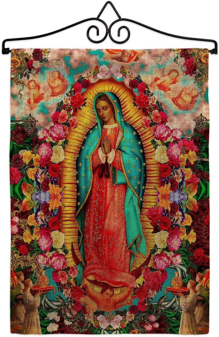 Our Lady of Guadalupe Garden Flag Set Wall Holder Religious Faith Hope Grace Peace Dove Christian Religion Easter Small Decorative Gift Yard House Banner Double-Sided Made In USA 13 X 18.5