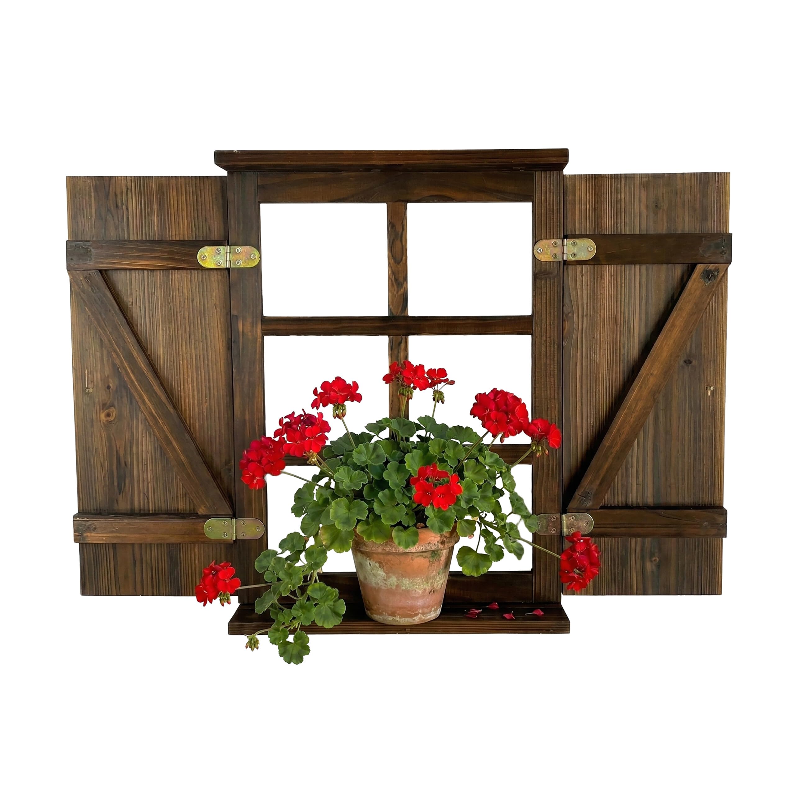 Relaxdays Ventana Decorativa rústica con contraventanas, Madera carbonizada, repisa, 63 x 45 cm, marrón