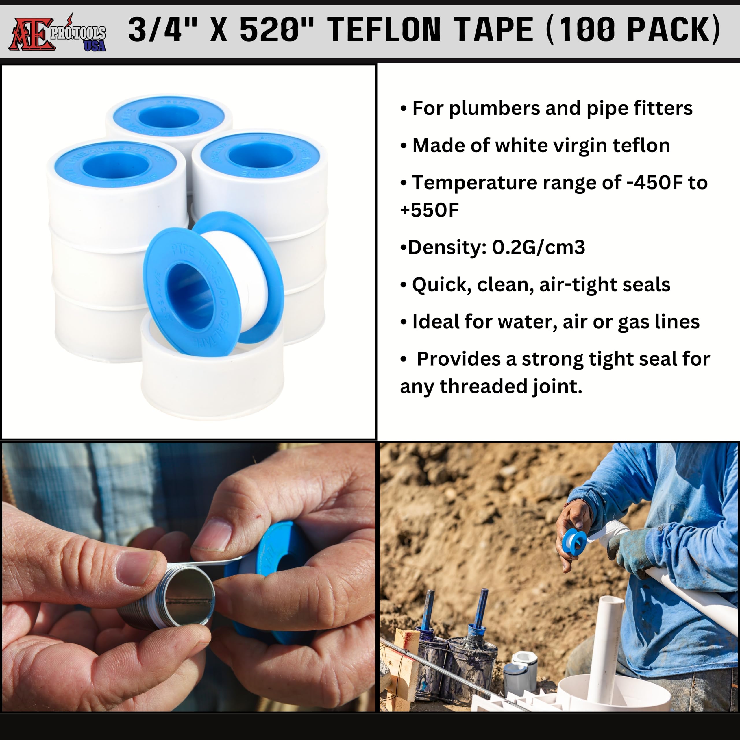 ATE Pro. Tools - Teflon Tape, Industrial Sealant Tape, Threaded Pipe Tape, Plumbing Tape, Temperature Range of -450F to +550F, 3/4