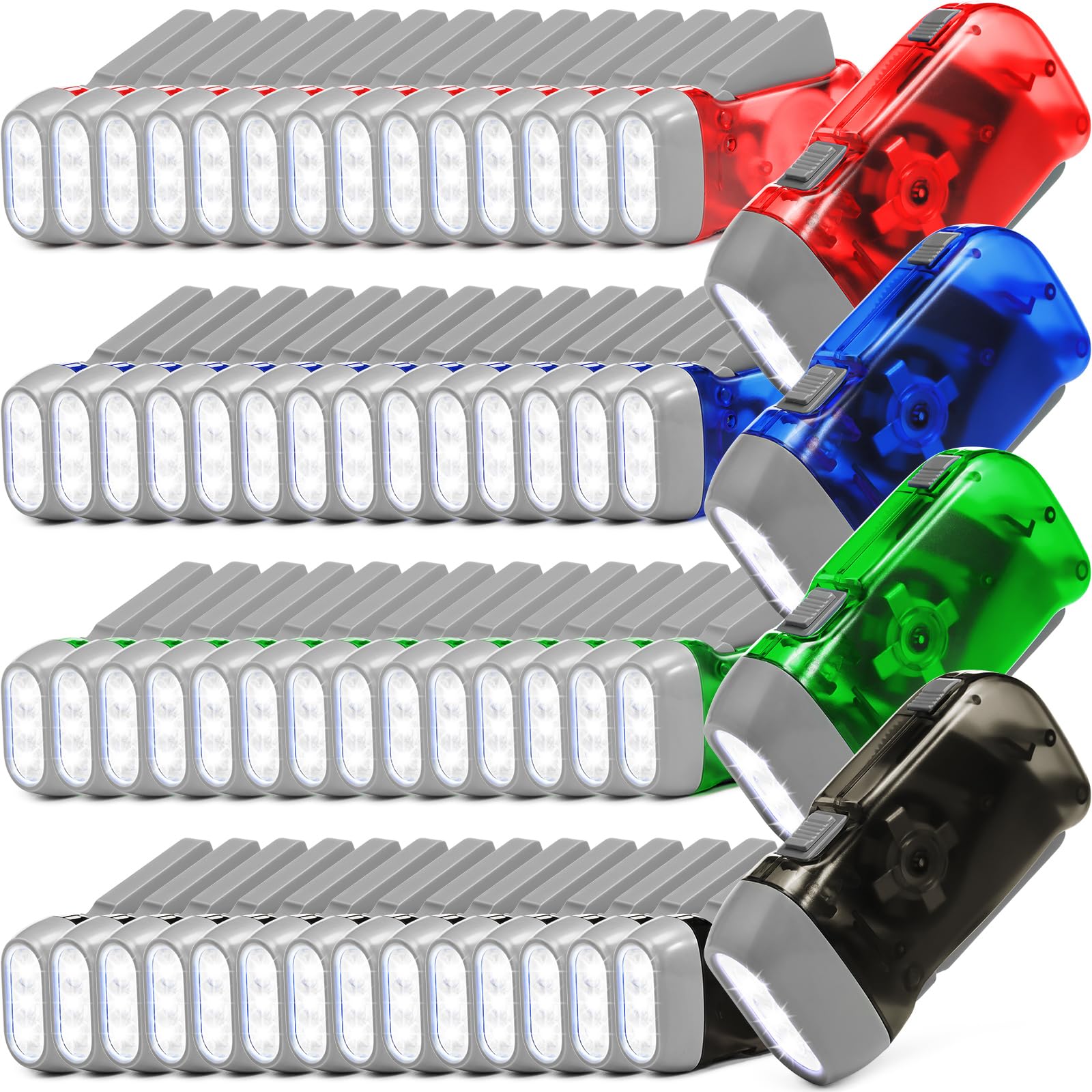 Treela 60 Pack Hand Crank Flashlight Operation Christmas Items Bulk Squeeze Flashlight No Battery Required Torchlight 3 LED Self Powered Charging(Gray, Green, Blue, Red)