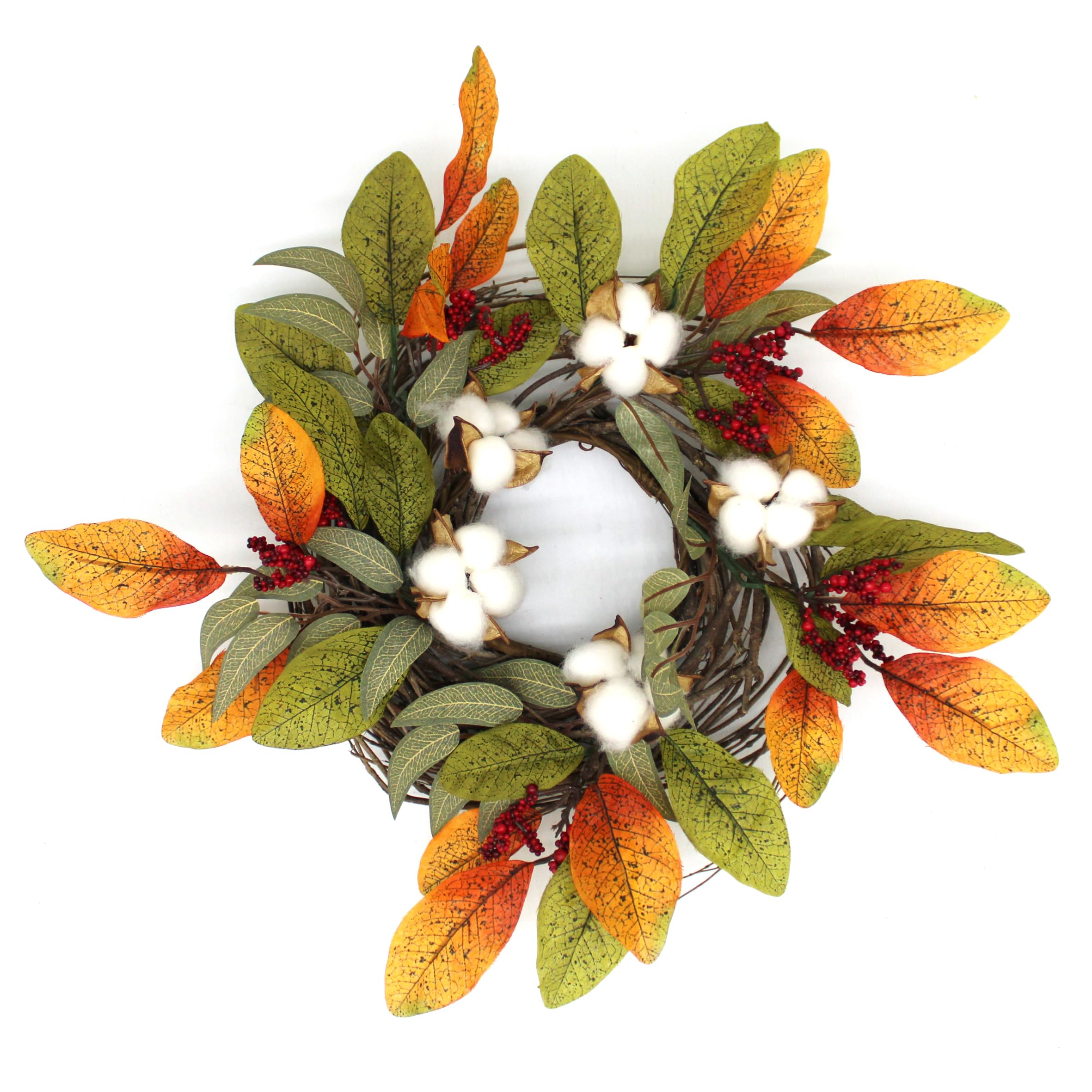 Couronne de feuilles d'automne artificielles et fleurs de coton rustiques déco 30 cm