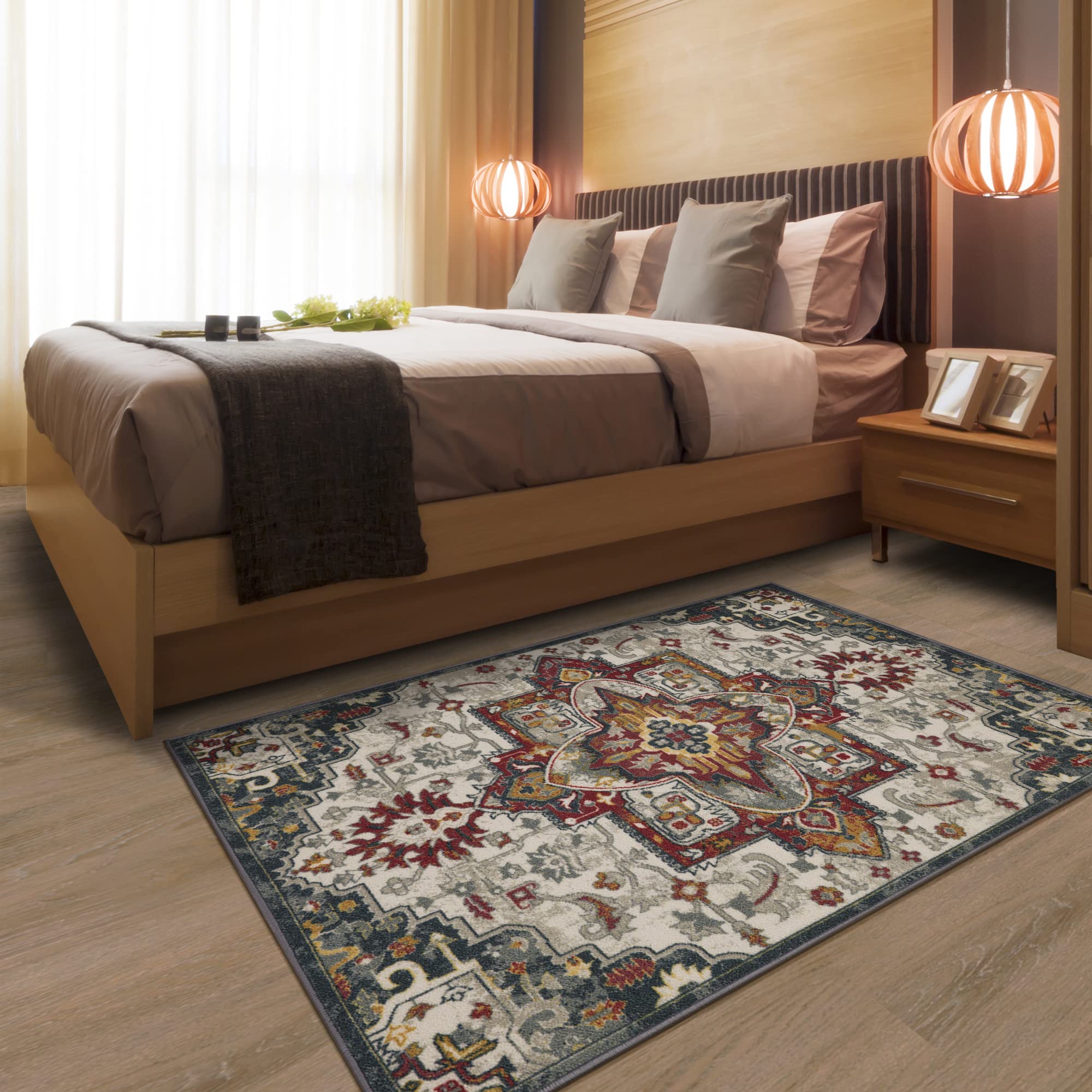 Machine Washable Modern Medallion Design Non-Slip Rubberback 3x5 Traditional Area Rug for Living Room, Bedroom, Kitchen, 3'3" x 5', Gray