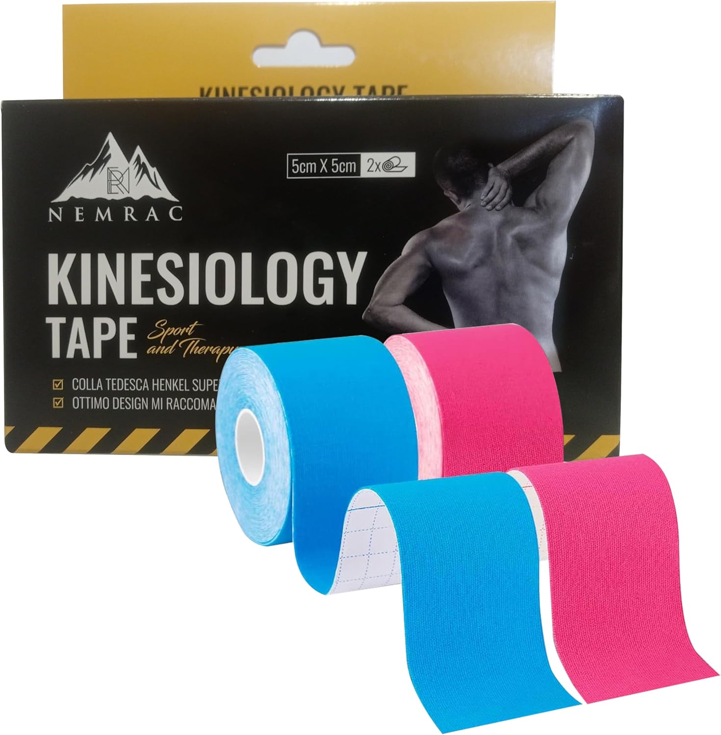 Tape Sportivo, Nastro Kinesiologico 5x5 CM, Blu e Rosa, Impermeabile ed Elastico, Ideale per