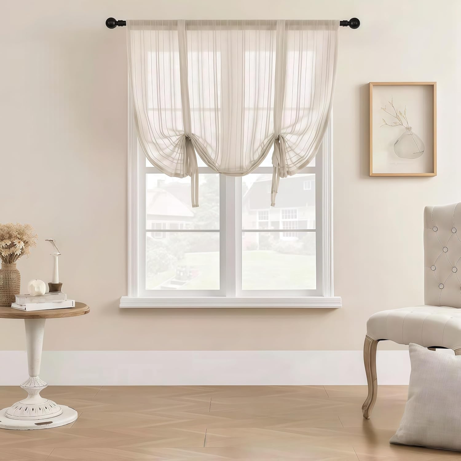 Gxi Beige Striped Sheer Curtain Tie Up Balloon Curtain for Kitchen Bathroom