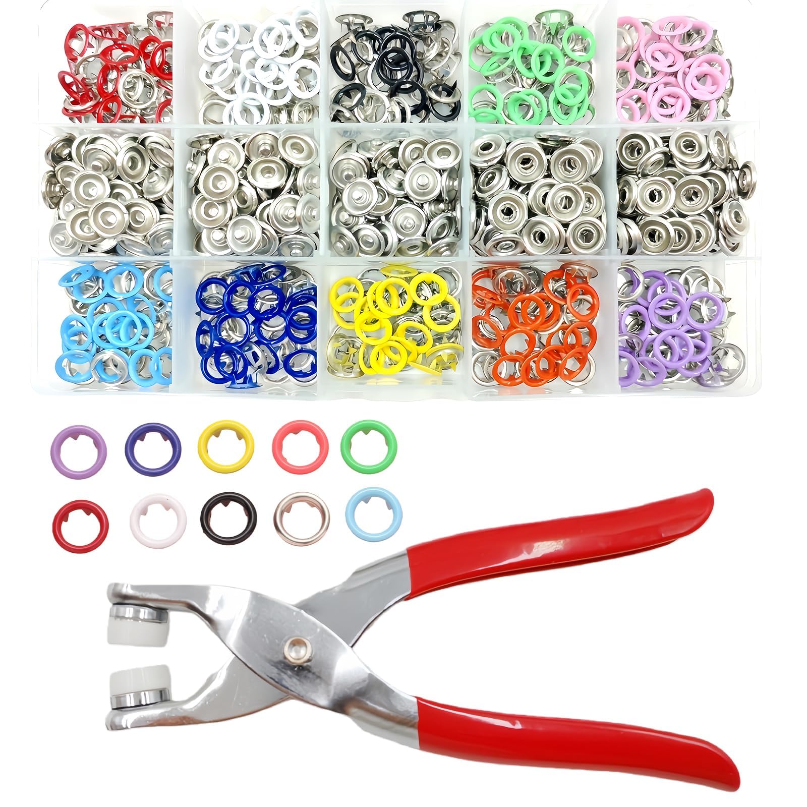 Kit de 200 botones a presión con 10 colores, botones de metal con alicates de metal y piezas de cierre, kit de herramientas de prensa multicolor perfecto para ropa y manualidades (9,5 mm)
