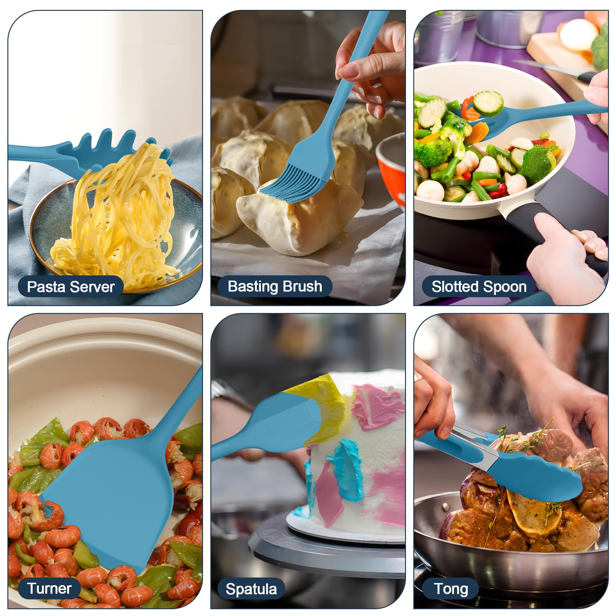 E-far Juego de utensilios de cocina de silicona, 25 piezas con soporte, herramientas de cocina no tóxicas, espátula, volteador, cucharón, para utensilios de cocina antiadherentes, resistentes al calor