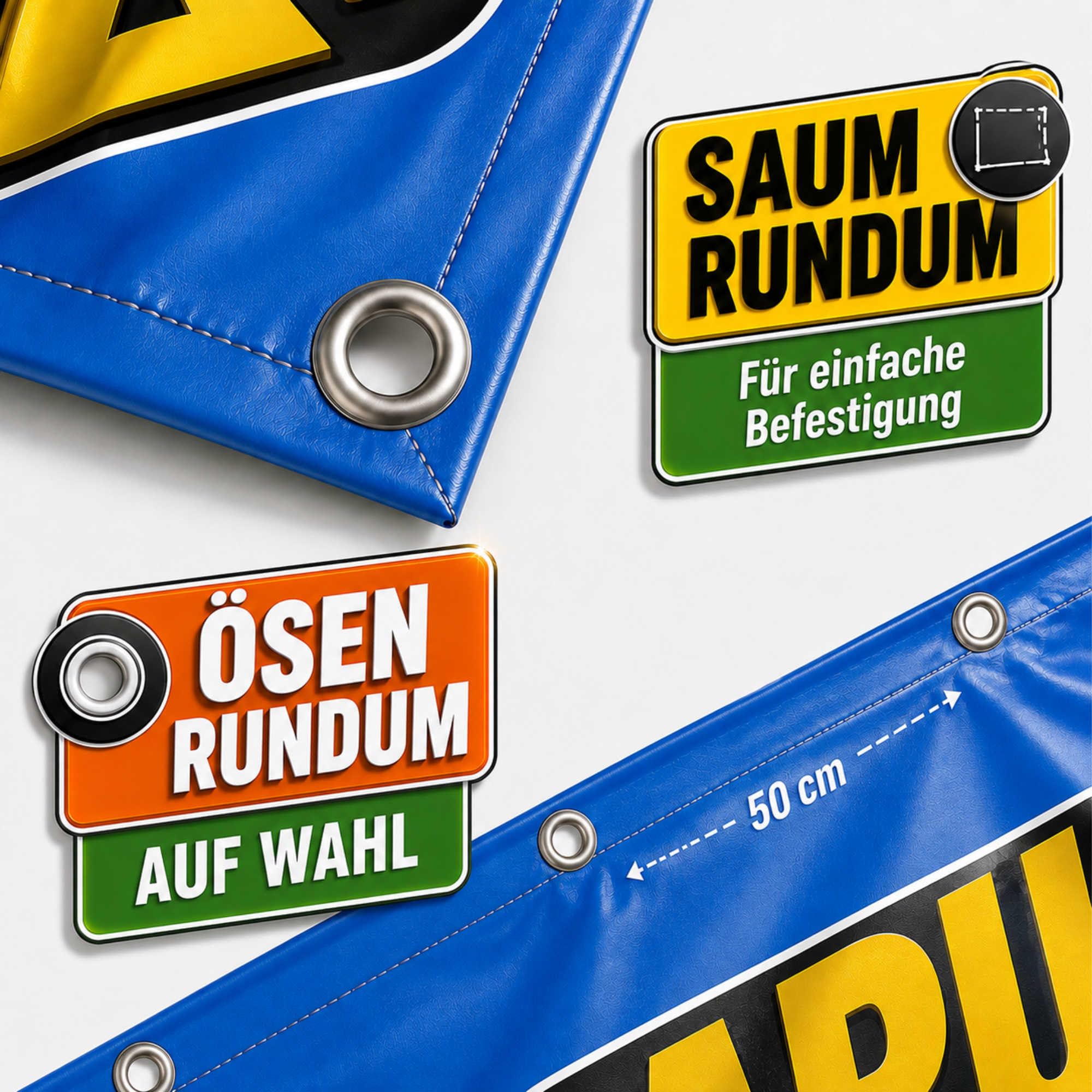 Banner selbst gestalten mit Foto, Wunschtext oder Bild - 100x100 cm - Plane personalisiert mit Saum & Ösen